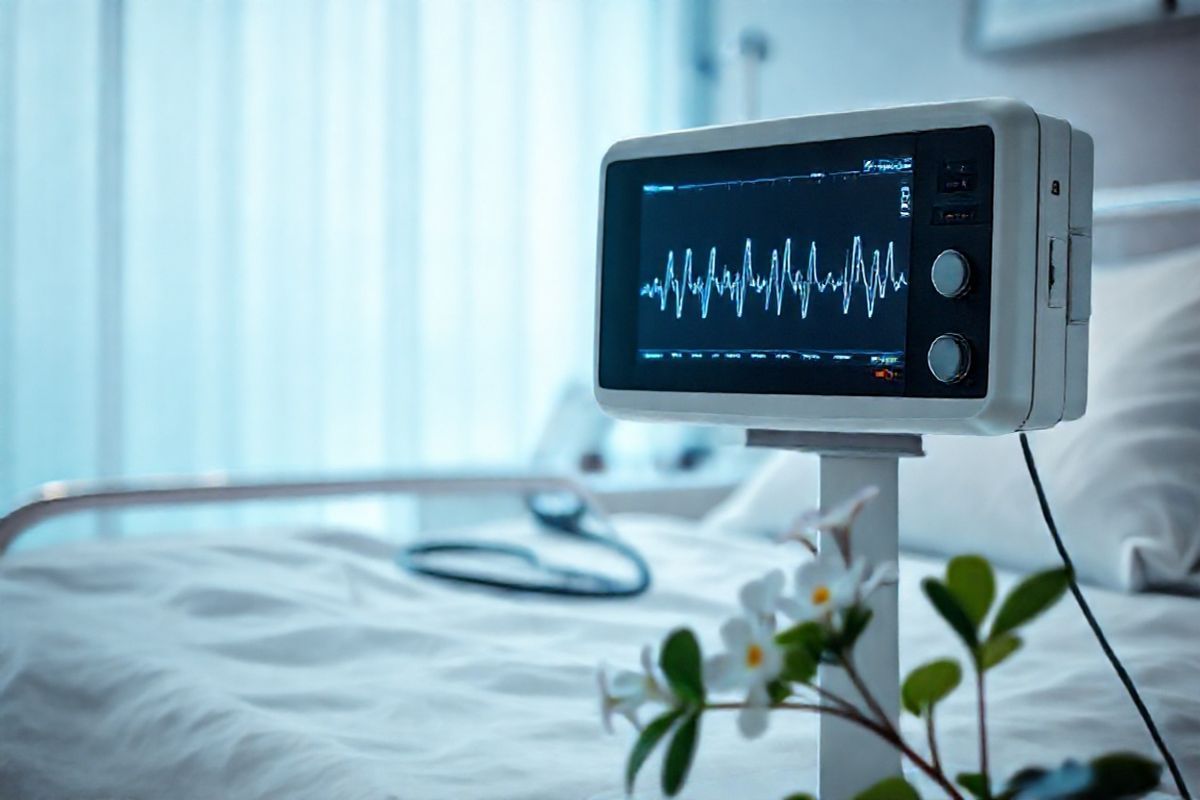 A photorealistic image depicting a serene and calming medical environment, featuring a close-up view of a heart monitor displaying a steady junctional escape rhythm on the screen. The background includes soft, diffused lighting, highlighting a clean and organized hospital room with subtle shades of blue and white. A plush hospital bed is neatly made, with crisp white sheets and a soft pillow, conveying a sense of comfort. On the bedside table, a few medical instruments are arranged neatly, including a stethoscope and a sphygmomanometer, indicating a focus on patient care. In the foreground, a delicate flowering plant adds a touch of nature, symbolizing hope and healing. The overall composition evokes a sense of tranquility and professionalism, emphasizing the importance of monitoring heart health while providing a visually soothing atmosphere suitable for patients experiencing junctional escape rhythm. The image captures the essence of modern medicine intertwined with a peaceful ambiance, creating a reassuring visual narrative that resonates with the content of the article.