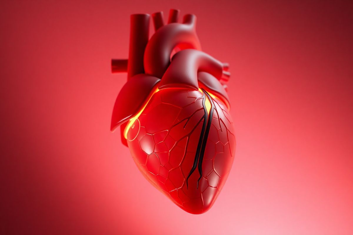 A close-up, photorealistic depiction of a human heart, showcasing intricate details of its anatomy. The heart is positioned at an angle, allowing for a clear view of its atria, ventricles, and the sinoatrial (SA) node, illuminated gently by soft, warm lighting. Surrounding the heart, delicate, translucent layers of tissue and veins are visible, emphasizing the complexity of the cardiovascular system. In the background, a subtle gradient transitions from deep crimson to soft pink, evoking a sense of life and vitality. The image captures the rhythmic pulsation of the heart, with a faint glow highlighting key structures related to the conduction system, such as the atrioventricular (AV) node and His-Purkinje fibers. This visual representation conveys both the beauty and the intricate functionality of the heart, making it a perfect complement to the theme of cardiac rhythms and health. The overall composition is harmonious, inviting viewers to appreciate the delicate balance of the heart’s mechanisms while maintaining a focus on its essential role in human life.