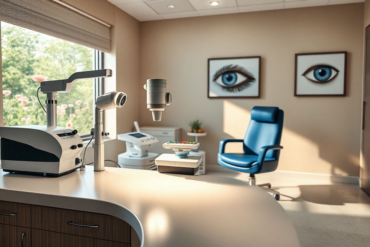 A photorealistic image depicting a serene, softly lit ophthalmology examination room. The focal point is an elegantly designed slit lamp, glimmering under the gentle glow of overhead lights. Surrounding the slit lamp are various eye examination tools neatly arranged on a sleek, modern countertop, including a corneal topography machine and a set of colorful contact lenses. In the background, a large window reveals a tranquil view of a garden with blooming flowers and lush greenery, symbolizing hope and healing. The room features calming earth tones, with soft beige walls and a comfortable, inviting examination chair upholstered in deep blue. A framed abstract artwork of an eye hangs on the wall, adding an artistic touch to the clinical setting. Soft shadows play across the room, creating a warm and welcoming atmosphere, while a faint reflection of light sparkles on the polished floor, enhancing the overall sense of clarity and focus. This image embodies the theme of vision care and the importance of early diagnosis, resonating with the challenges and treatments related to keratoconus.