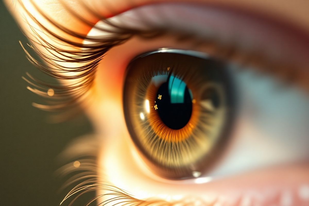 A photorealistic image captures a close-up view of an eye, showcasing the intricate details of the cornea, which is slightly conical in shape, illustrating the effects of keratoconus. The cornea has a subtle gradient of colors, transitioning from a clear, luminous center to a more opaque, textured edge. Surrounding the eye, soft, diffused light creates a warm and inviting atmosphere, while the background is softly blurred, emphasizing the eye’s features. The iris is a deep, rich hue, adorned with delicate flecks of gold and brown, and the pupil is perfectly round and glossy. Reflections of light glimmer off the surface of the cornea, hinting at the distortion of light that occurs with keratoconus. To add a touch of realism, a faint halo effect can be seen around the pupil, subtly representing the visual symptoms such as glare and halos experienced by patients. The overall composition evokes a sense of both beauty and vulnerability, capturing the essence of the human eye while subtly conveying the challenges faced by individuals with keratoconus.