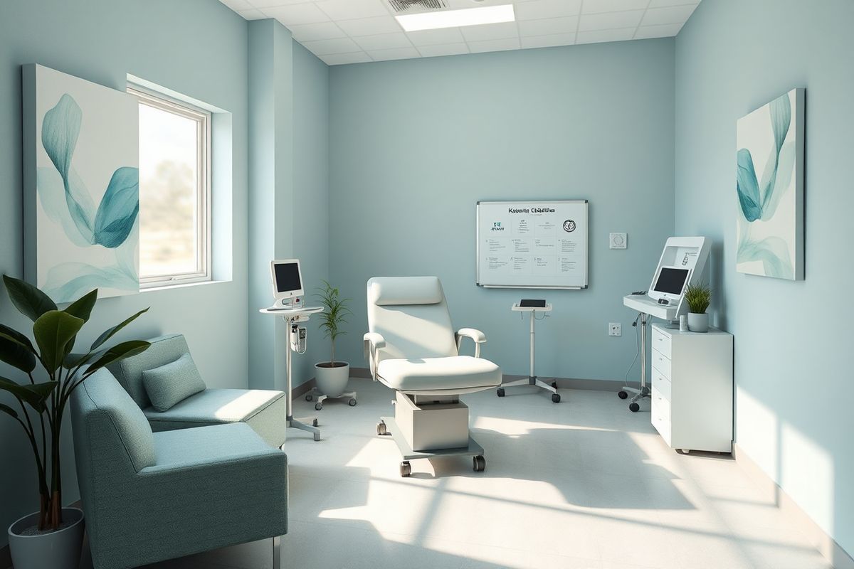 A serene and inviting clinical setting is depicted, showcasing a modern treatment room designed for ketamine therapy. The room features soft, ambient lighting that creates a calming atmosphere, with comfortable seating arranged around a sleek, minimalist treatment chair. A large window allows natural light to stream in, illuminating a soothing color palette of soft blues and greens. On the walls, abstract artwork featuring gentle, flowing shapes adds a touch of creativity and tranquility.   In one corner, a small table holds essential medical equipment, such as a ketamine infusion pump and monitoring devices, emphasizing the controlled clinical environment. A potted plant sits nearby, symbolizing growth and healing. The room is immaculate and organized, reflecting professionalism and care, with a whiteboard in the background displaying patient care guidelines without any visible text. The overall composition evokes a sense of safety and reassurance, inviting patients to feel at ease as they embark on their therapeutic journey with ketamine treatment.