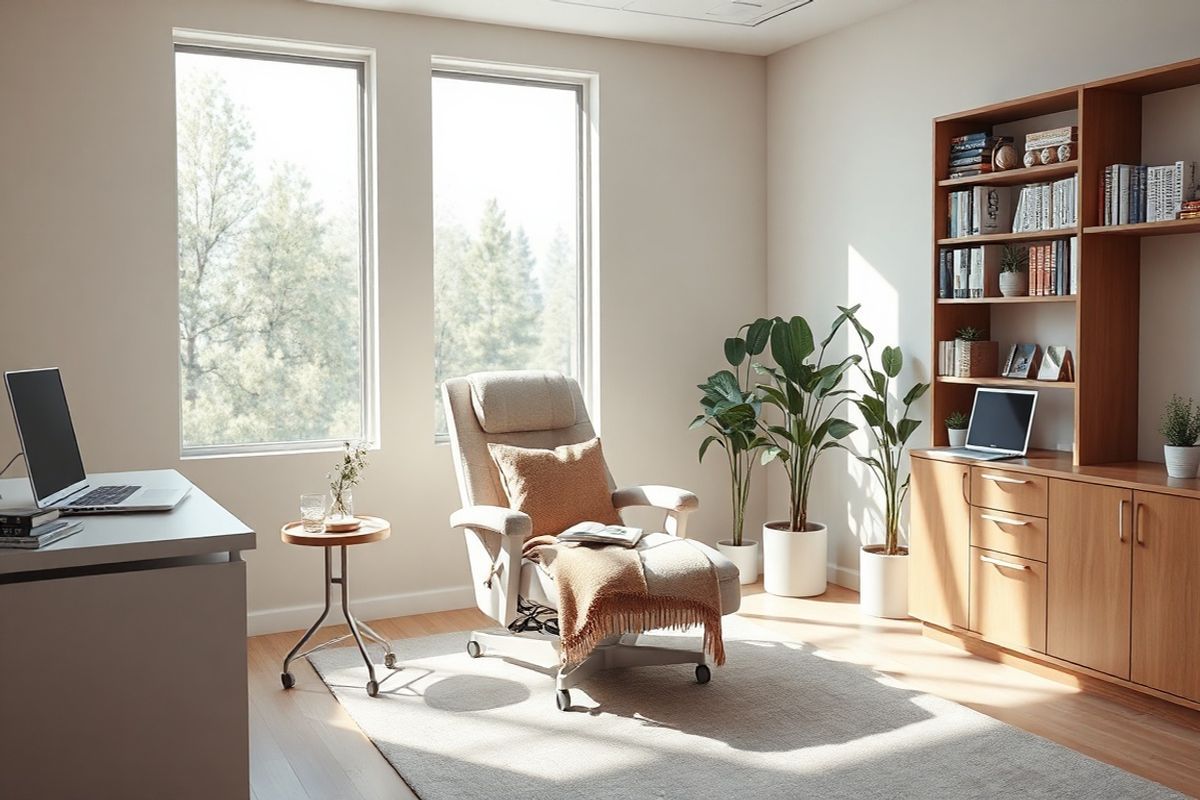 A serene and inviting clinical treatment room is depicted in this photorealistic image. The room features soft, neutral-toned walls that create a calming atmosphere, complemented by large windows allowing natural light to flood in. In the center, a comfortable recliner is positioned, adorned with plush pillows and a warm blanket, suggesting a welcoming space for patients undergoing ketamine therapy. A small side table holds a glass of water and a binder filled with informative materials about treatment options.   On one side, there is a sleek, modern desk equipped with medical instruments and a laptop, indicating the presence of trained healthcare professionals. Shelves in the background showcase neatly arranged books on mental health and addiction, emphasizing the importance of comprehensive psychological screening. Potted plants are strategically placed to enhance the room’s tranquility, adding a touch of nature. The overall ambiance radiates professionalism and care, setting the scene for a supportive environment where patients feel safe and understood during their treatment journey.