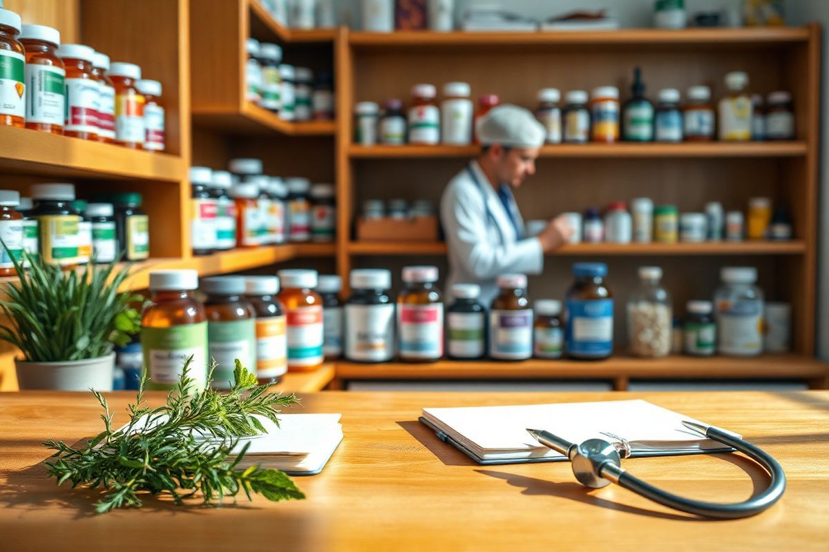 A serene and thoughtfully arranged pharmacy shelf filled with various prescription bottles, supplements, and herbal remedies. The shelf is made of warm, polished wood, providing a cozy atmosphere. Each bottle is labeled with colorful, visually appealing designs but contains no text. In the background, a soft-focus image of a healthcare professional discussing medication with a patient can be seen, adding context to the importance of monitoring drug interactions. The foreground features a wooden table adorned with a notebook, a pen, and a stethoscope, symbolizing careful tracking and communication between patient and provider. Soft natural light filters in from a nearby window, casting gentle shadows and enhancing the warm tones of the wood and bottles. A few fresh herbs, like rosemary and mint, are placed delicately on the table, representing the connection between dietary choices and medication interactions. The overall composition conveys a sense of care, safety, and the vital role of healthcare in managing complex medications like Kisunla, inviting viewers to reflect on the importance of informed healthcare decisions.