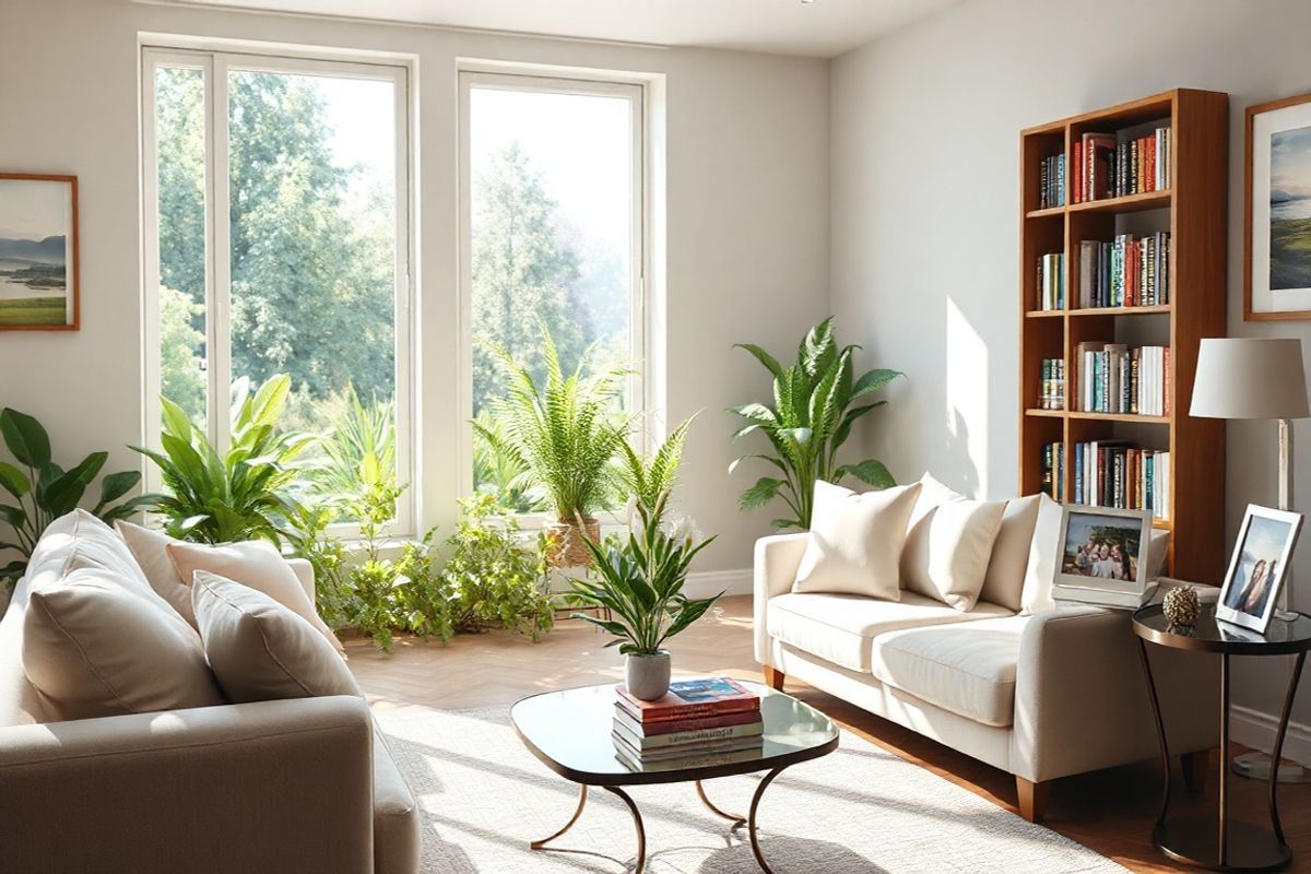 A serene and inviting image of a cozy living room filled with natural light, designed to evoke a sense of comfort and hope. The room features a soft, plush sofa adorned with pastel-colored cushions, inviting relaxation. A small, elegant coffee table sits in front of the sofa, topped with a vase of fresh white lilies and a few well-chosen books on Alzheimer’s awareness and caregiving. In one corner, a tall bookshelf is filled with neatly arranged books, hinting at a wealth of knowledge and support for those affected by Alzheimer’s. Large windows allow sunlight to pour in, illuminating the room and casting gentle shadows. Outside, a lush garden can be seen, full of vibrant green plants, symbolizing growth and renewal. On the walls, tasteful artwork depicting peaceful landscapes adds to the tranquil atmosphere. A small side table holds a framed family photo, representing the importance of connection and togetherness in navigating the challenges of the disease. This image embodies warmth, support, and the importance of community in the journey of Alzheimer’s treatment, making it a fitting backdrop for discussions around Kisunla and its role in care.