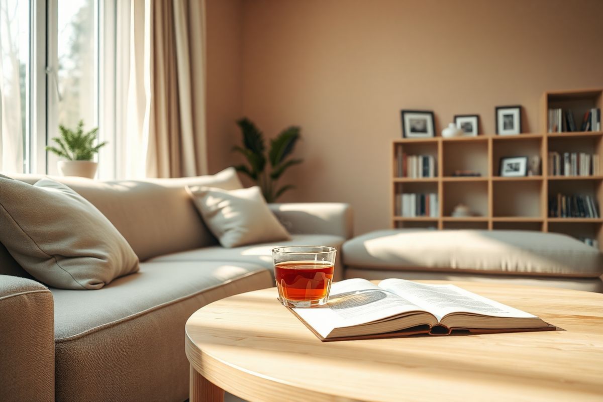 A serene and inviting scene unfolds in this photorealistic image, capturing a tranquil home environment. In the foreground, a cozy, well-lit living room features a plush sofa adorned with soft, neutral-toned cushions. A stylish coffee table made of light wood sits at the center, holding a steaming cup of herbal tea beside an open book with a bookmark peeking out. The walls are painted in warm, calming shades, enhancing the peaceful ambiance.   To one side, a large window allows soft, natural light to filter through sheer curtains, illuminating a small indoor plant resting on the windowsill, symbolizing growth and vitality. In the background, a subtle hint of a bookshelf filled with well-organized books and a few framed photographs adds a personal touch to the space.   The overall composition exudes a sense of comfort and tranquility, making it an ideal backdrop for discussions about health, well-being, and the importance of following medical guidance. The harmonious color palette of earth tones and soft whites evokes feelings of safety and relaxation, perfectly aligning with the themes of careful monitoring and therapeutic benefits found in the text about Klonopin.