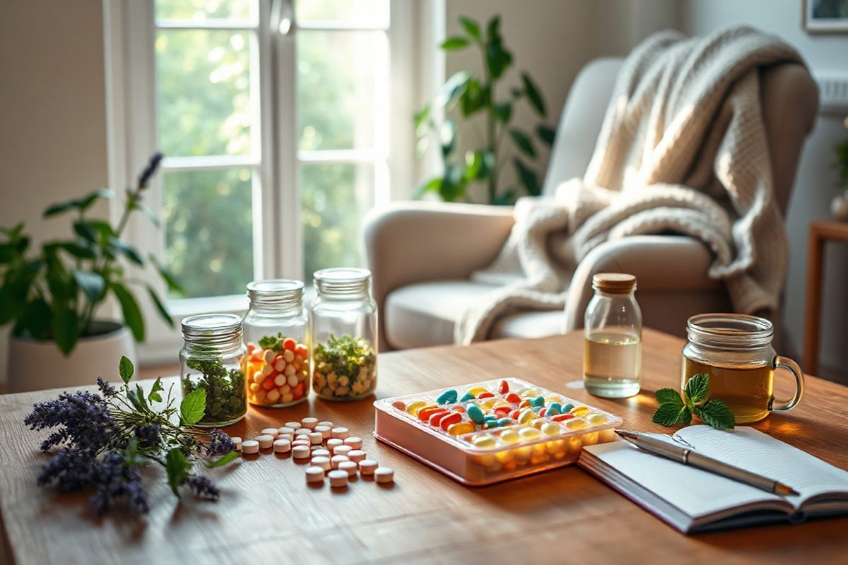 A serene and inviting scene of a cozy, softly lit healthcare setting. The focal point is a wooden table adorned with a neatly arranged pill organizer filled with colorful Klonopin tablets in various strengths, glistening under warm ambient light. Surrounding the table are delicate glass jars containing fresh herbs, symbolizing natural healing—lavender, chamomile, and mint—creating a calming atmosphere. In the background, a plush armchair draped with a soft, knitted blanket invites relaxation, while a window reveals a tranquil garden view, where sunlight filters through lush green leaves. The walls are painted in soothing pastel colors, enhancing the sense of peace and comfort. Subtle elements like a steaming cup of herbal tea and an open notebook with a pen hint at self-care and mindfulness practices. Overall, the image captures a harmonious blend of modern healthcare and natural wellness, evoking feelings of safety, tranquility, and the importance of following medical guidance in a supportive environment.