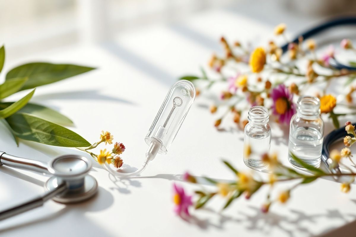 A photorealistic decorative image features a serene medical setting, highlighting a close-up view of a Kyleena IUD displayed elegantly on a pristine white surface. Surrounding the device, delicate botanical elements such as soft green leaves and colorful wildflowers gently frame the IUD, symbolizing the connection between nature and health. The background is softly blurred, ensuring the focus remains on the Kyleena, which gleams subtly under natural light, showcasing its smooth plastic frame and intricate details of the hormone-releasing system. To the side, a stethoscope and a small glass vial of antihistamines hint at medical care and allergy management. The overall composition conveys a sense of calm and reassurance, emphasizing the importance of awareness and understanding of allergic reactions while maintaining a visually appealing aesthetic. The color palette is warm and inviting, with soft greens, gentle whites, and pops of color from the flowers, creating a harmonious balance that reflects a caring approach to health and wellness.