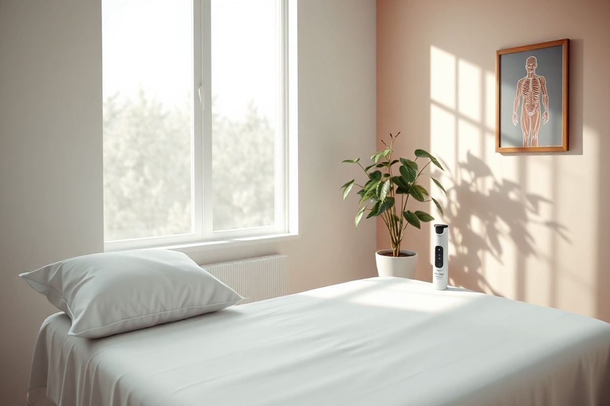 A photorealistic image depicting a serene, softly lit medical examination room. In the foreground, a comfortable examination table is draped in crisp, white linens, with a plush pillow for patient comfort. To the side, a small table holds a sleek, modern epinephrine auto-injector prominently displayed, symbolizing preparedness for allergic reactions. The walls are painted in calming pastel colors, and a large window allows natural light to filter in, casting gentle shadows across the room. A potted plant with lush green leaves sits in the corner, adding a touch of nature and tranquility. On the wall, a framed illustration of the human immune system subtly hints at the connection between allergies and health. The overall atmosphere is inviting and professional, conveying a sense of safety and trust for patients concerned about allergic reactions, especially in relation to medical devices like Kyleena.