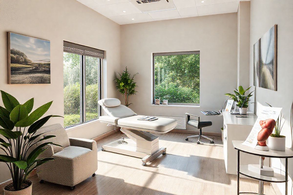 A photorealistic image depicting a serene and inviting medical consultation room designed for bariatric surgery patients. The room features soft, neutral-toned walls adorned with soothing artwork of nature scenes, promoting a calming atmosphere. In the center, a contemporary examination table with plush cushioning invites comfort, while a sleek, modern desk is positioned nearby, equipped with a laptop and medical charts. A large window allows natural light to flood in, illuminating the space and showcasing a view of a lush, green garden outside. On a side table, an anatomical model of the human stomach is displayed, alongside educational brochures about Lap Band Surgery. Potted plants in the corners add a touch of life and tranquility. The overall ambiance conveys professionalism and warmth, making it a perfect setting for patients to discuss their weight loss journey and explore their options for Lap Band Surgery with confidence and comfort.