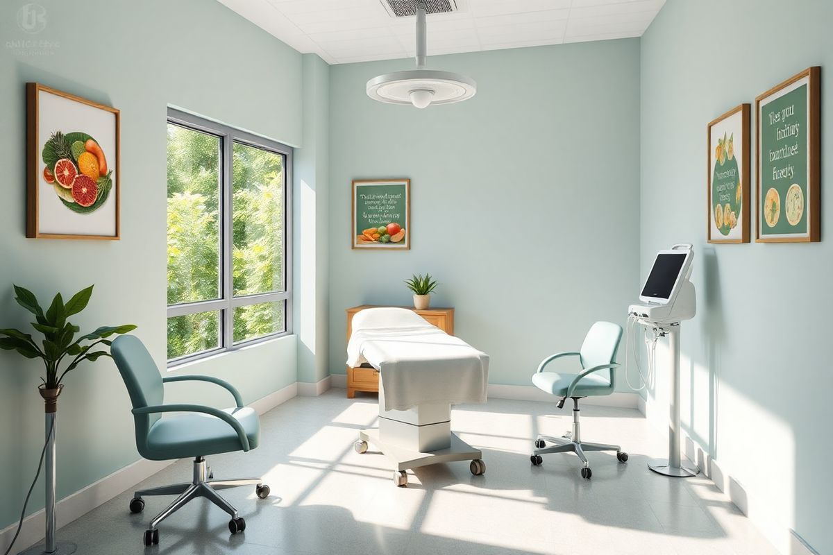 A photorealistic image depicting a serene and inviting medical consultation room designed for bariatric surgery. The room features soft, calming colors such as light blues and greens, creating a tranquil atmosphere. In the center, there is a modern examination table draped with crisp white linens, flanked by a sleek, ergonomic chair for patients. A large window allows natural light to flood the space, illuminating the room and providing a view of a lush, green garden outside. On the walls, framed images of healthy foods and motivational quotes about wellness are subtly displayed, enhancing the sense of support and encouragement. A state-of-the-art medical device is visible in the corner, indicating the advanced technology used for laparoscopic procedures. The overall ambiance is one of comfort and professionalism, suggesting a safe environment for patients considering Lap Band Surgery, while inviting them to embark on their weight loss journey with confidence.