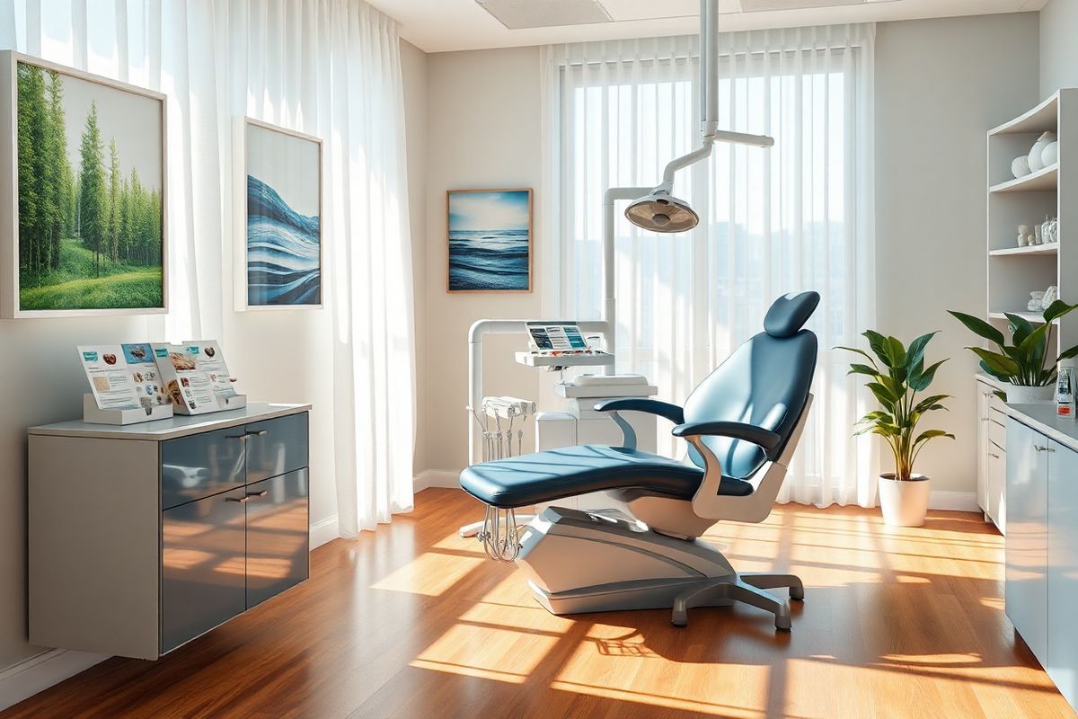 A photorealistic image depicting a serene, sunlit dentist’s office with a focus on a plush dental examination chair positioned in front of a large window. The soft light filters through sheer white curtains, casting gentle shadows across the room. On the walls, there are tasteful, calming artworks featuring nature scenes, such as lush green forests and tranquil oceans. The dental chair is a deep shade of blue, inviting and comfortable, with a sleek design that reflects modern aesthetics. Nearby, a small table holds a variety of dental care pamphlets, emphasizing the importance of regular check-ups. In the background, a well-organized shelf showcases dental models and educational materials, subtly reinforcing the theme of health and awareness. The floor is polished wood, adding warmth to the environment, while a potted plant in the corner introduces a touch of nature and vitality. This scene embodies a sense of calm and reassurance, highlighting the significance of dental care and early detection, aligning perfectly with the themes of vigilance and proactive healthcare practices in the context of lip cancer awareness.