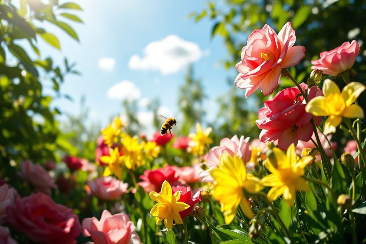 A photorealistic image of a serene outdoor setting showcasing a close-up view of a vibrant, sunlit garden filled with various blooming flowers. The scene is framed by lush green foliage, with the sunlight casting gentle shadows on the ground. In the foreground, delicate petals of roses in shades of red, pink, and white are interspersed with bright yellow daffodils, creating a vivid contrast. A bumblebee hovers near the blossoms, adding a sense of life and movement to the scene. In the background, a soft-focus view of a clear blue sky and a few fluffy white clouds enhances the tranquil atmosphere. The image captures the beauty of nature and symbolizes the themes of health, vitality, and renewal, making it an ideal representation of hope and resilience associated with early detection and survival rates in lip cancer. The overall composition is harmonious, inviting viewers to pause and reflect on the importance of proactive health measures amidst the beauty of life.