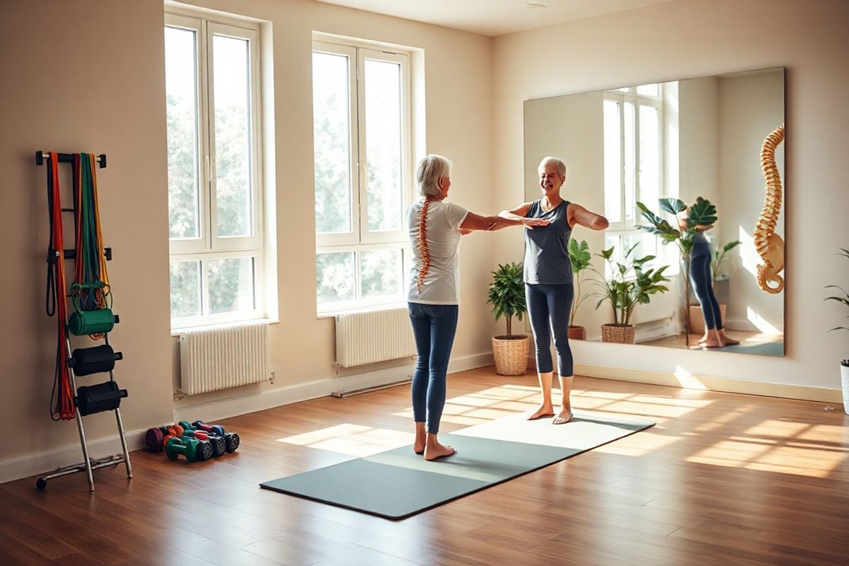 A serene and inviting physical therapy room bathed in natural light pouring through large windows, showcasing a tranquil atmosphere. The room features a hardwood floor, soft beige walls, and a comfortable exercise mat placed in the center. To one side, a set of colorful resistance bands and weights are neatly organized on a wall-mounted rack, while a large mirror reflects the space, enhancing the feeling of openness. An anatomical model of the human spine stands prominently on a shelf, illustrating the complexities of spinal health. Potted plants in the corners add a touch of greenery, promoting a sense of calm. In the background, a therapist is seen guiding an elderly patient through gentle stretching exercises, emphasizing the importance of movement and rehabilitation. The patient, a woman in her 70s, smiles gently as she engages with the therapist, showcasing a supportive and encouraging environment. Soft, ambient lighting creates a warm and comforting vibe, making the space feel welcoming and safe for those seeking treatment for lumbar degenerative kyphosis.