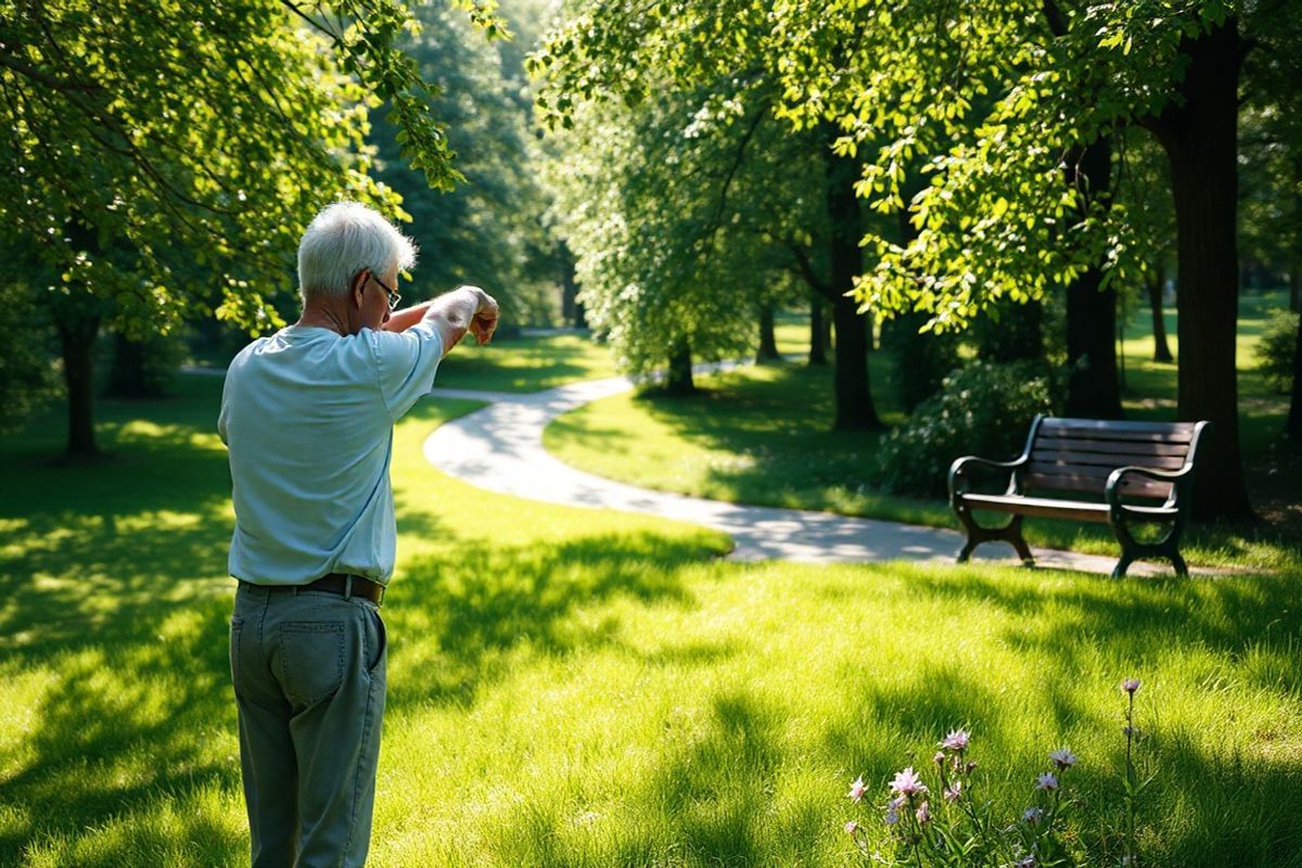 A serene and photorealistic scene depicting an elderly person gently stretching in a sunlit park, surrounded by lush greenery. The individual, a Caucasian male, has a slightly hunched posture, symbolizing the effects of lumbar degenerative kyphosis, yet conveys a sense of tranquility and resilience. The sunlight filters through the leaves, casting dappled shadows on the soft grass beneath. In the background, a winding path meanders through the park, inviting viewers to imagine leisurely walks. Nearby, a sturdy bench is visible, emphasizing the importance of rest and support for spinal health. Delicate wildflowers bloom along the path, adding vibrant colors of yellow and purple, symbolizing hope and vitality. The overall atmosphere exudes calmness and warmth, highlighting the balance between nature and the human experience while subtly illustrating the challenges and beauty of aging.