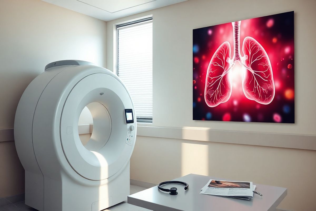 A photorealistic image depicts a serene healthcare setting, featuring a well-lit examination room with soft, neutral-toned walls. In the foreground, a low-dose computed tomography (LDCT) machine stands ready for use, its sleek, modern design showcasing smooth lines and a gentle glow from the control panel. To the right, a large window allows natural light to flood the room, casting soft shadows and creating an inviting atmosphere. On a nearby table, a stethoscope and a patient information brochure about lung cancer screening are neatly arranged, emphasizing the importance of proactive health management. In the background, a large, vibrant lung cancer awareness poster hangs, featuring an artistic representation of healthy lungs contrasted with a subtle depiction of lung cancer cells, symbolizing hope and early detection. The image conveys a sense of calm and assurance, encouraging viewers to consider the significance of routine screenings in the prevention and early detection of lung cancer. The overall composition is balanced, with a focus on both the technology of healthcare and the human aspect of patient care.