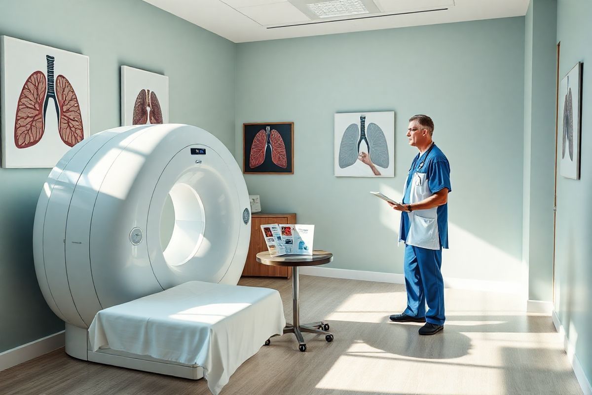 A serene, photorealistic image of a modern healthcare setting featuring a well-lit examination room. The room showcases a sleek low-dose computed tomography (LDCT) machine, designed with smooth, clean lines and a polished finish. Soft, natural light filters through large windows, illuminating the space and creating a calming atmosphere. On the walls, tasteful art depicting lung health and abstract representations of the human respiratory system adds an educational touch. A comfortable examination table, draped in crisp white linens, is positioned beside the machine, with a small table holding a few medical brochures about lung cancer screening. In the background, a healthcare professional, dressed in scrubs and a lab coat, is seen discussing health information with a middle-aged patient, who appears attentive and engaged. The overall color palette is soothing, featuring soft blues and greens, complemented by the warmth of wooden accents, conveying a sense of trust and professionalism in the pursuit of early detection and preventative healthcare.