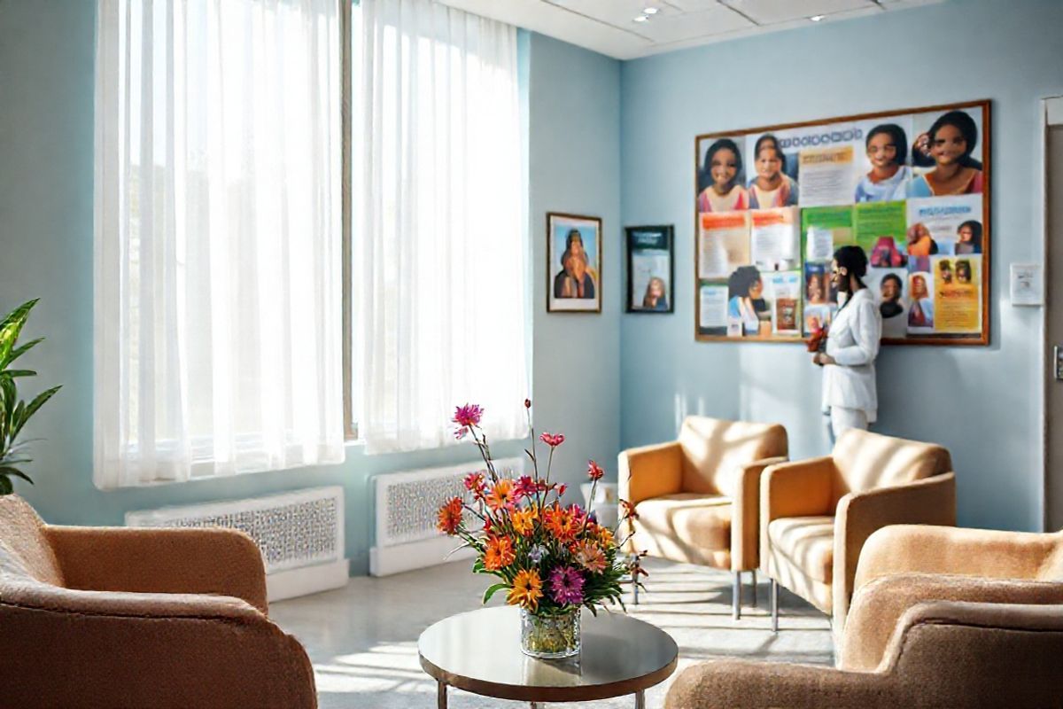 A photorealistic image depicting a serene and inviting healthcare environment focused on lupus awareness. The scene features a cozy, well-lit waiting room in a modern medical facility. Soft natural light filters through large windows adorned with sheer white curtains, casting gentle shadows on the pale blue walls.   In the foreground, a small round table holds an arrangement of vibrant, fresh flowers, symbolizing hope and renewal. Nearby, a comfortable seating area with plush chairs in calming earth tones invites patients to relax.   On the walls, there are framed images of diverse individuals smiling and engaging in activities that promote wellness, such as yoga and group support sessions.   A bulletin board displays colorful brochures about lupus awareness and resources, subtly hinting at the importance of education and community support without showing any text.   In the background, a friendly healthcare professional is seen speaking with a patient, showcasing a compassionate interaction that emphasizes understanding and care.   The overall atmosphere exudes warmth, support, and a sense of community, encouraging viewers to feel empowered and informed about lupus and its impact on individuals, particularly within the African American community.