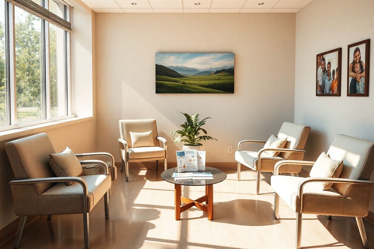 A photorealistic image of a serene, sunlit medical office waiting room, reflecting an atmosphere of hope and healing. The room features soft, warm tones, with large windows allowing natural light to stream in, illuminating the space. Comfortable, inviting chairs are arranged in a semi-circle, each adorned with plush cushions. A small coffee table sits in the center, displaying informative pamphlets about lupus care and health resources, highlighting community support. On the walls, framed photographs depict diverse families engaging in healthy activities, symbolizing unity and resilience. A potted plant adds a touch of nature, bringing life to the space, while a peaceful landscape painting hangs above the chairs, evoking calmness. The overall ambiance conveys a sense of accessibility and warmth, emphasizing the importance of community and awareness in overcoming health disparities related to lupus.