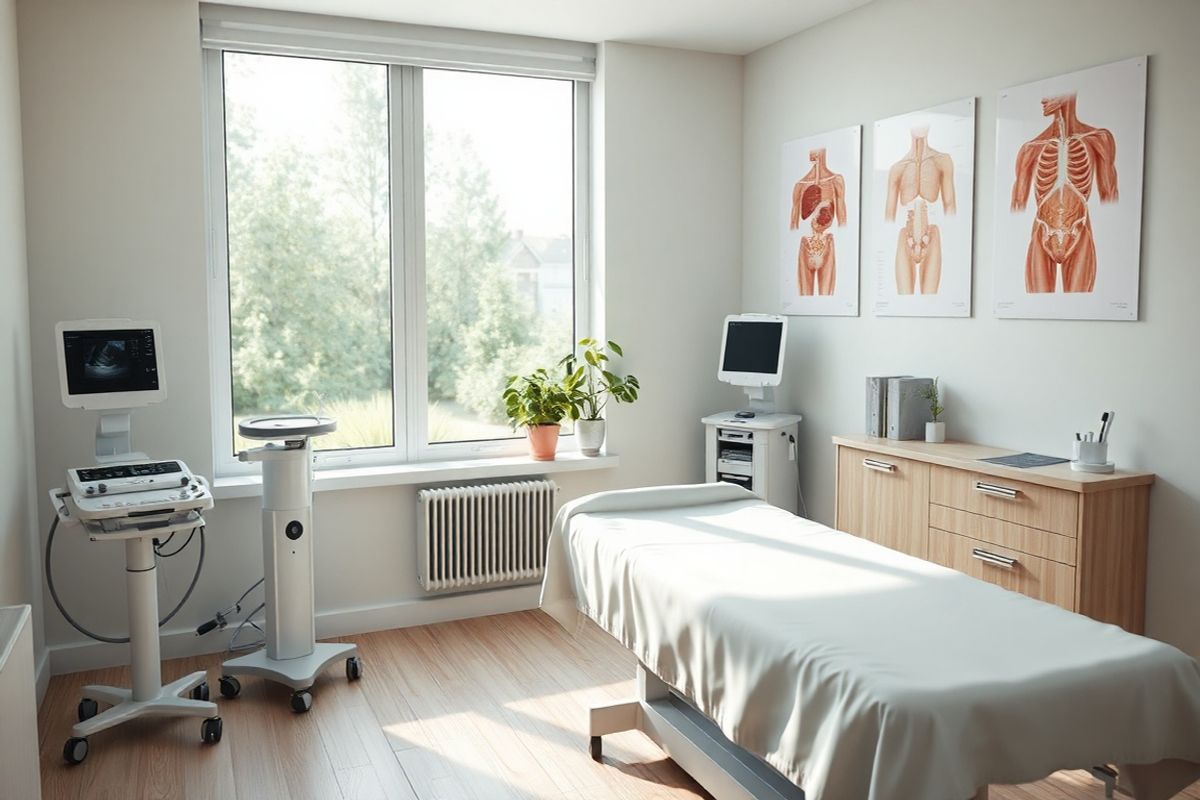 A photorealistic image depicting a serene medical examination room bathed in soft, natural light streaming through a large window. The room features a comfortable examination table covered with a crisp white sheet, surrounded by modern medical equipment, including a digital ultrasound machine and a urethroscope on a nearby countertop. A potted plant with lush green leaves sits on the windowsill, adding a touch of tranquility to the environment. On the wall, subtle anatomical posters of the urinary system are displayed, providing a sense of educational focus. The flooring is made of light wood, enhancing the warm and inviting atmosphere. In the background, a gently blurred view of a peaceful garden can be seen through the window, symbolizing hope and healing. The overall composition conveys a feeling of calmness and professionalism, ideal for a setting where patients receive critical evaluations for conditions like urethral cancer. The colors are soft and muted, with a harmonious blend of whites, greens, and light browns, creating an environment conducive to comfort and reassurance for patients seeking medical attention.