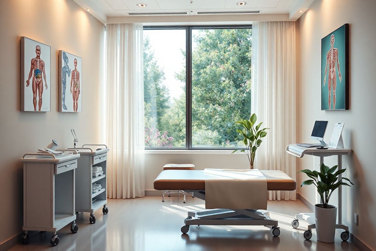 A photorealistic decorative image depicting a serene and tranquil medical examination room, designed to evoke a sense of calm and reassurance. The room features soft, warm lighting that creates a welcoming atmosphere. In the center, a comfortable examination table is adorned with a crisp, white examination sheet. Nearby, a sleek, modern medical cart holds various medical instruments, neatly organized and ready for use. On the walls, tasteful artwork depicting abstract representations of the human anatomy adds an educational touch without being clinical. A large window allows natural light to flood the space, with sheer curtains gently billowing, offering a view of a peaceful garden outside, filled with lush greenery and colorful flowers. A potted plant sits in the corner, contributing to the fresh and clean ambiance. This image captures the essence of a space where patients feel safe and cared for, reflecting the importance of early detection and treatment in managing health concerns like urethral cancer. The overall composition balances professionalism with warmth, making it an ideal background for discussions surrounding medical conditions and patient care.