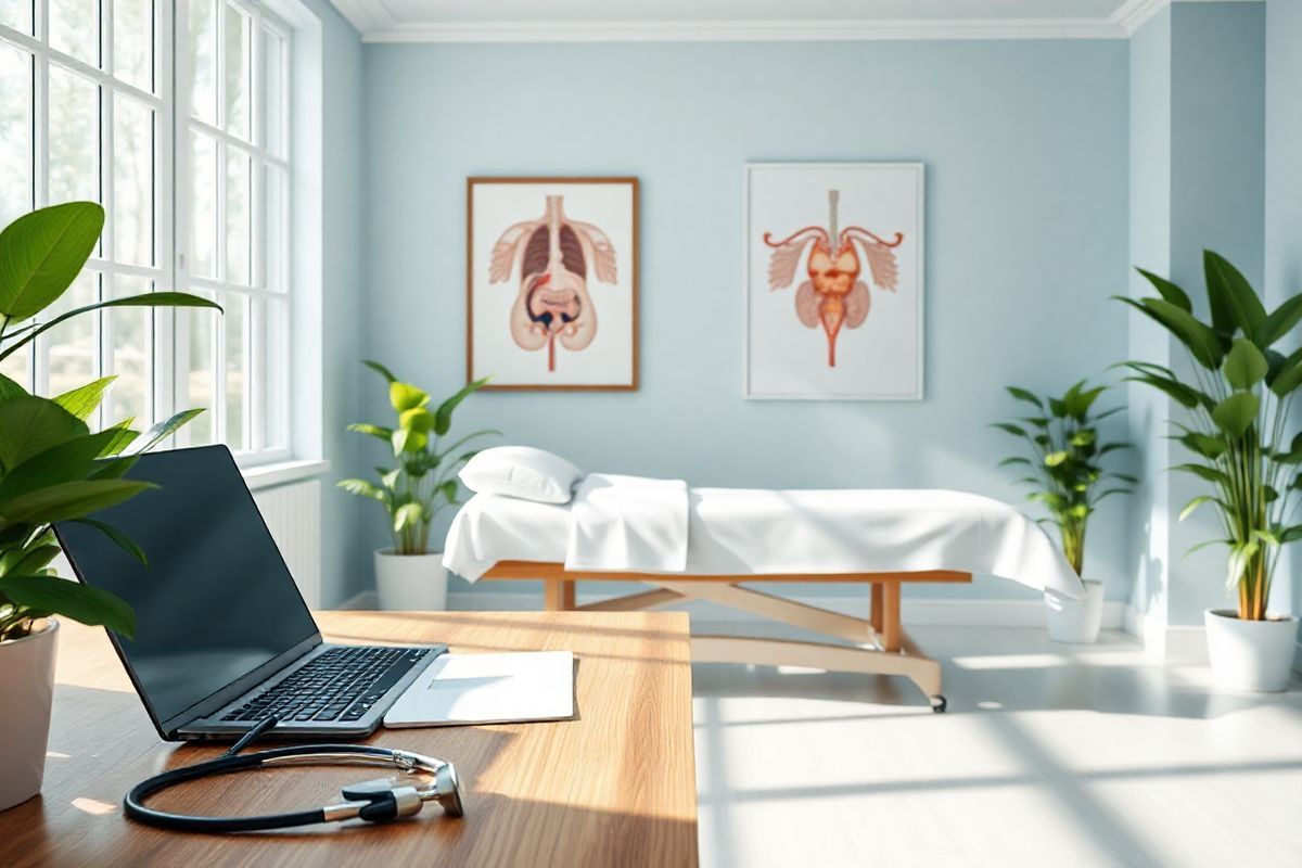 A photorealistic image features a serene medical consultation room bathed in soft, natural light streaming through large windows. The room is adorned with calming hues of light blue and white, creating a tranquil atmosphere. In the foreground, a wooden desk is neatly organized with a stethoscope, a patient folder, and a laptop, symbolizing modern healthcare. In the background, a plush examination table is draped with crisp white sheets, emphasizing cleanliness and comfort. A framed anatomical poster of the male urinary system hangs on the wall, providing educational context. Lush green plants in the corners add a touch of nature, promoting a sense of well-being. The overall composition radiates professionalism and care, inviting patients to feel at ease while discussing important health matters, particularly relating to prostate surgery. The image encapsulates the essence of a supportive healthcare environment, where patients can seek guidance and reassurance regarding their medical decisions.