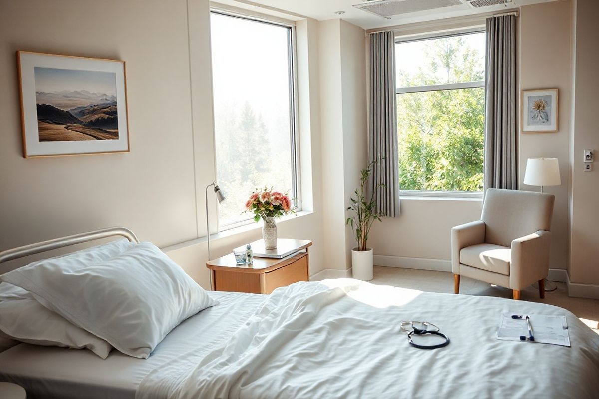 A serene hospital room bathed in soft, natural light streaming through large windows, showcasing a cozy and inviting atmosphere. In the foreground, a neatly made hospital bed with crisp white sheets and a plush decorative pillow lies next to a small bedside table adorned with a vase of fresh flowers, adding a touch of warmth and color. The walls are painted in calming pastel tones, complemented by tasteful artwork depicting tranquil landscapes. On the opposite side, a comfortable armchair sits beside a window, offering a view of a lush, green garden outside. A medical chart and a stethoscope are subtly placed on the table, suggesting a focus on health and well-being. The overall ambiance conveys a sense of hope and recovery, perfectly aligning with the theme of prostate surgery and Medicare coverage, emphasizing care and comfort in a medical setting.