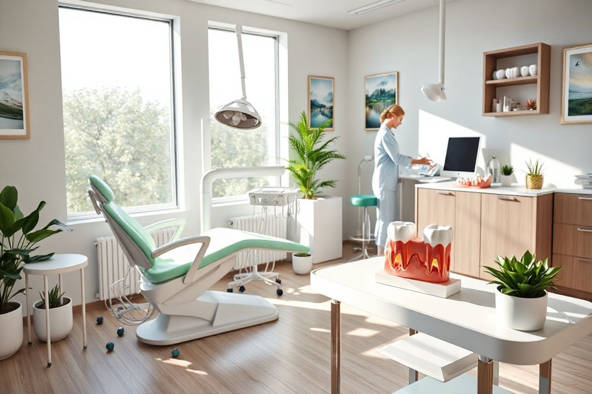 A photorealistic image featuring a serene dental office environment bathed in soft, natural light streaming through large windows. The scene includes a modern dental chair in a calming pastel color, positioned next to a sleek, contemporary dental workstation equipped with advanced tools and equipment. On a nearby table, a well-organized display of dental models showcases various tooth structures, including a detailed model of a tooth undergoing a root canal procedure. The walls are adorned with soothing artwork of nature scenes, creating a tranquil atmosphere. Potted plants are placed strategically around the room, adding a touch of greenery and freshness. The flooring is a light wooden finish, contributing to the warm and inviting ambiance. In the background, a dental hygienist can be seen gently interacting with a patient, highlighting a caring and professional environment. This image captures the essence of dental care, emphasizing comfort, modernity, and the importance of maintaining oral health, perfectly complementing the content about Medicare and dental services.