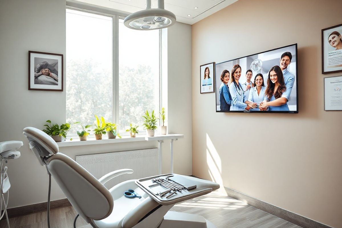 A photorealistic image of a dental office interior, showcasing a modern and inviting atmosphere. The scene features a sleek dental chair positioned under bright, soft lighting, surrounded by sanitized dental instruments neatly arranged on a stainless steel tray. In the background, there’s a large window with natural light streaming in, illuminating plants placed on the windowsill, creating a fresh and calming environment. The walls are painted in soothing pastel colors, adorned with framed images of smiling patients and dental health posters. A digital display monitor is mounted on the wall, showing a friendly dental team interacting with a patient. This image conveys a sense of professionalism and care, reflecting the importance of dental health and the need for procedures like root canals in a comforting setting.