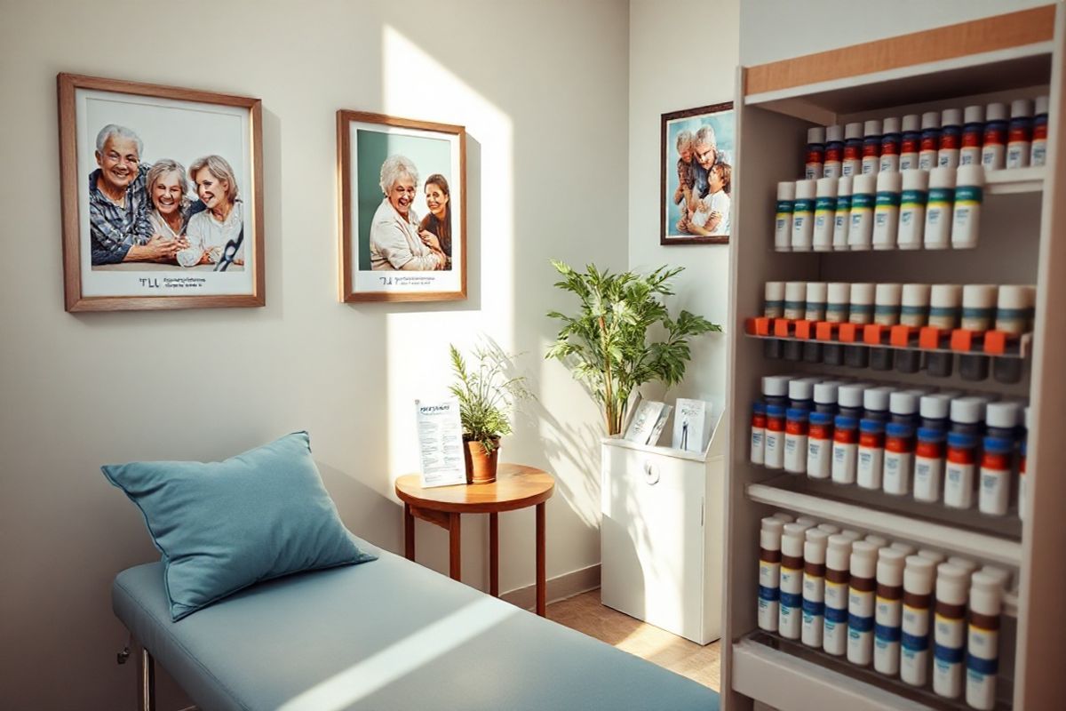 A serene, cozy doctor’s office setting bathed in warm, natural light. The room features a comfortable examination table with soft, inviting cushions in a muted blue hue. On the walls, framed images of happy seniors receiving vaccinations and engaging in joyful activities create a positive atmosphere. A small wooden side table holds a neatly arranged stack of pamphlets about flu shots and Medicare information. In the corner, a potted plant adds a touch of greenery, enhancing the tranquil ambiance. A well-organized vaccine storage unit is visible, stocked with colorful vials labeled for various immunizations, including the flu vaccine. The overall scene conveys a sense of warmth, care, and accessibility, inviting seniors to seek preventive healthcare while emphasizing the importance of vaccinations in maintaining health. The soft colors and inviting decor evoke feelings of trust and safety, making it an ideal representation of a place where seniors can feel comfortable receiving their flu shots.