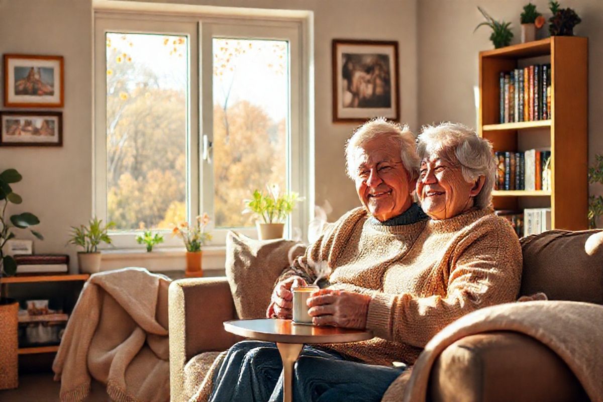 A serene, cozy scene depicting a senior couple sitting together in a sunlit living room. The couple, dressed in comfortable sweaters, smiles warmly as they share a moment of connection, with a steaming cup of tea on a small table between them. In the background, a window reveals a picturesque autumn landscape, with colorful leaves gently falling from the trees outside. On the wall, framed pictures of family gatherings and fond memories create a sense of warmth and nostalgia. A small bookshelf filled with health-related books and wellness magazines hints at their proactive approach to health, including flu shots. Soft throw blankets are draped over a plush sofa, and a few potted plants add a touch of life to the room. The overall atmosphere is inviting and peaceful, reflecting a lifestyle centered on health, companionship, and the importance of preventive care during flu season. The lighting is warm and golden, enhancing the feeling of comfort and safety within the home.