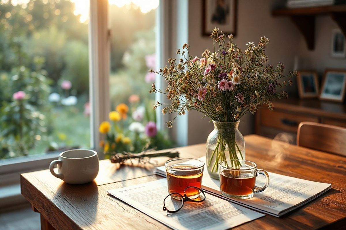 A serene, photorealistic image capturing a cozy kitchen scene bathed in soft, warm light during the golden hour. The focal point is a rustic wooden table adorned with a beautifully arranged bouquet of fresh wildflowers in a clear glass vase, surrounded by Medicare-related documents neatly stacked in a folder. In the background, a window reveals a tranquil garden view with lush greenery and blooming flowers, symbolizing health and vitality. Nearby, a steaming cup of herbal tea sits on the table, evoking a sense of comfort and care. Subtle details, such as a pair of reading glasses resting on the documents and a small, framed family photo on the wall, add a personal touch, reflecting the importance of health discussions among couples. The overall ambiance is calming and inviting, encouraging contemplation and connection, perfectly complementing the theme of navigating Medicare premiums and healthcare choices for couples.