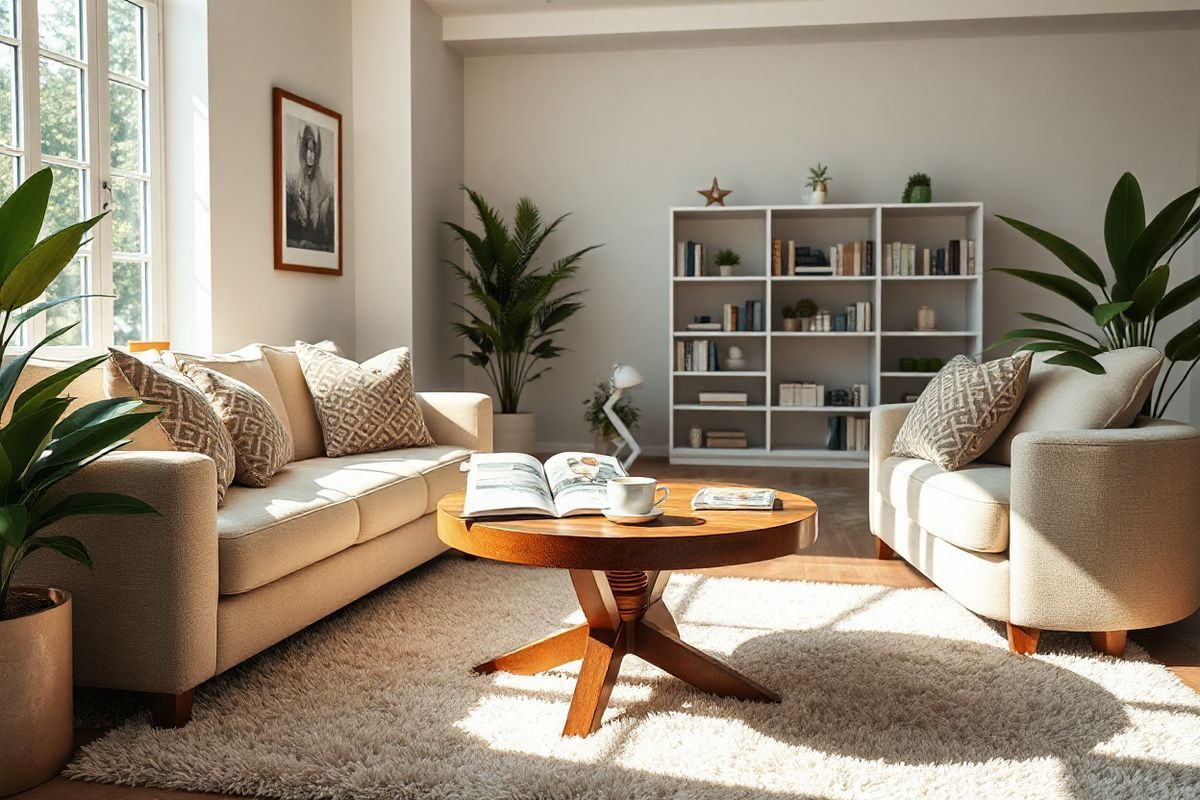 A photorealistic image depicting a serene and inviting living room setting, designed with a modern touch to evoke comfort and warmth. The room features a cozy beige sofa adorned with soft, patterned throw pillows. A round wooden coffee table, elegantly styled, sits in the center, topped with a steaming cup of tea and an open Medicare brochure, suggesting a moment of contemplation. Sunlight streams through large windows, casting gentle shadows and illuminating the space with a soft glow. On the walls, tasteful framed art pieces reflect themes of health and wellness, while lush indoor plants add a touch of vibrancy. A plush area rug anchors the seating arrangement, and in the background, a well-organized bookshelf showcases neatly arranged books and decorative items, creating an atmosphere of tranquility and knowledge. This image captures the essence of a comfortable home environment where individuals can thoughtfully consider their Medicare options amidst a backdrop of relaxation and care.