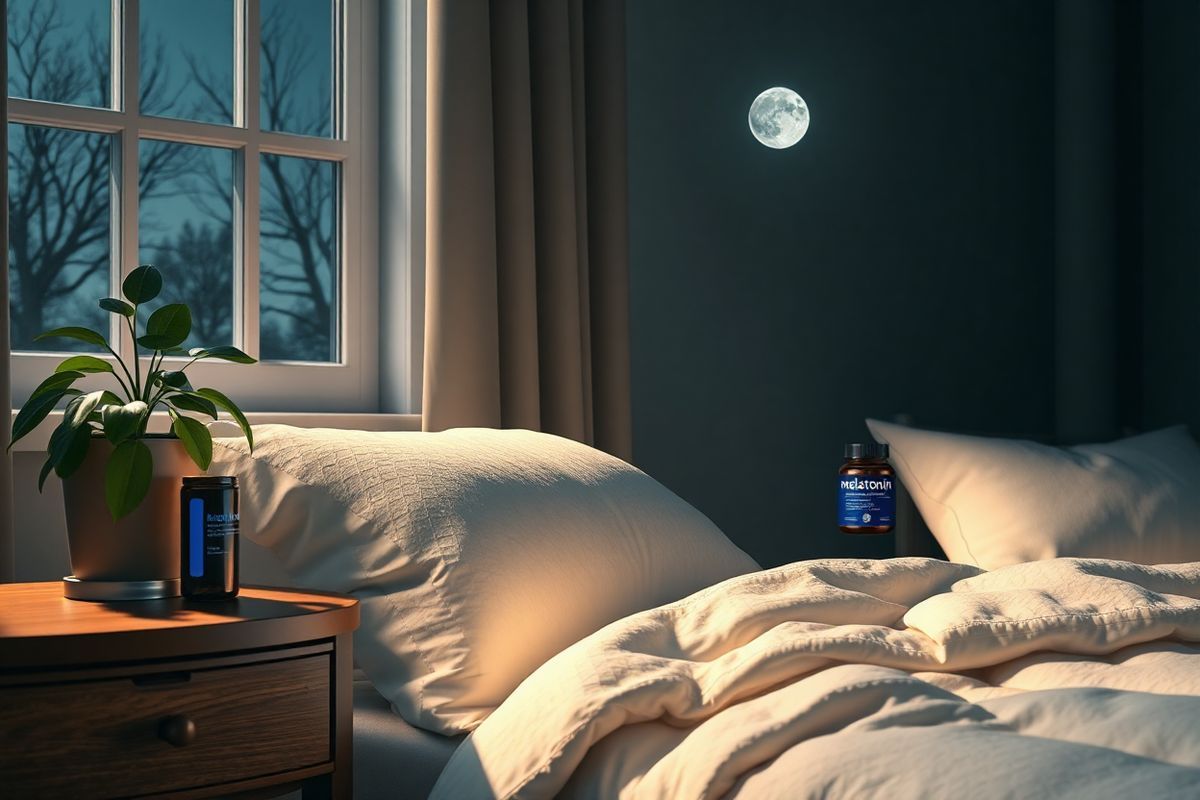 A photorealistic image captures a serene nighttime scene featuring a tranquil bedroom setting bathed in soft, warm light. The focal point is a cozy bed adorned with plush pillows and a fluffy, textured duvet, inviting relaxation. Beside the bed, a stylish wooden nightstand holds a small, elegant glass bottle of melatonin supplements, reflecting the moonlight streaming through a nearby window. On the windowsill, a potted plant with lush green leaves thrives, symbolizing vitality and health. The backdrop showcases a starry sky visible through the window, with gentle silhouettes of trees swaying outside, creating a peaceful atmosphere. The overall color palette consists of calming blues, soft whites, and warm earth tones, evoking a sense of tranquility and promoting the idea of restful sleep and well-being. Subtle shadows cast by the nightstand and plant add depth to the scene, enhancing its photorealistic quality. This harmonious blend of elements visually conveys the connection between melatonin, restful sleep, and a nurturing environment that supports overall health, including hair vitality.