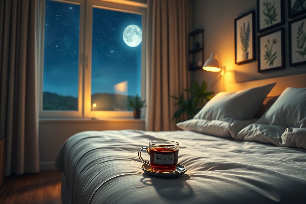 A serene night scene featuring a tranquil bedroom bathed in soft, warm light. The focal point is a neatly made bed with plush pillows and a cozy, inviting duvet. On the bedside table, a small glass vial labeled “Melatonin” sits next to a delicate ceramic mug filled with herbal tea, hinting at a calming bedtime routine. In the background, a large window reveals a starlit sky, with a gentle glow from the moonlight spilling into the room, illuminating the peaceful atmosphere. The walls are adorned with botanical prints, and a lush, green plant sits in the corner, adding a touch of nature. Subtle shadows dance across the wooden floor, enhancing the feeling of warmth and comfort. This image captures the essence of relaxation and self-care, evoking a sense of calm and tranquility that aligns perfectly with the themes of sleep and well-being discussed in the text.