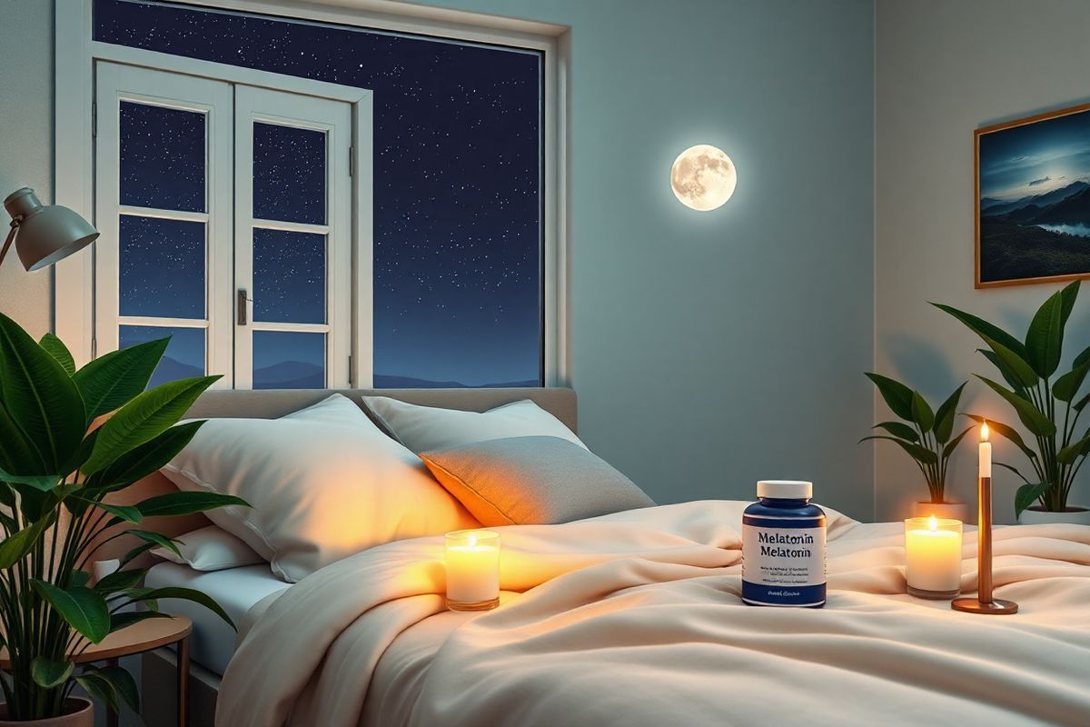 A serene bedroom scene illuminated by soft, ambient lighting, highlighting a cozy bed adorned with plush pillows and a warm, inviting blanket. The room is painted in soothing pastel colors, with a large window showcasing a tranquil night sky filled with twinkling stars and a bright, glowing moon. A bedside table holds a small, elegant glass of melatonin supplements beside a gently flickering candle, casting a warm glow. Lush green plants are placed in the corners, adding a touch of nature and freshness to the space. On the wall, a beautiful piece of art depicting a peaceful landscape at dusk complements the calming atmosphere. The overall composition exudes tranquility and relaxation, evoking a sense of comfort and the promise of restful sleep, making it an ideal visual representation of the themes of melatonin and sleep health.