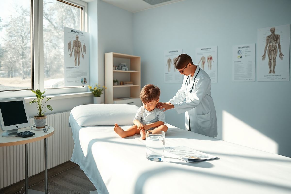 A photorealistic image depicting a serene and tranquil medical examination room, bathed in soft, natural light streaming through large windows. The room features a comfortable examination table covered with a crisp white sheet, surrounded by modern medical equipment, including a digital thermometer, stethoscope, and charts displaying human anatomy on the walls. A small potted plant sits on a nearby shelf, adding a touch of greenery to the environment. On the table, a glass of water and a few detailed medical pamphlets are neatly arranged, emphasizing the importance of awareness and education about meningitis. In the background, a medical professional, dressed in a crisp white lab coat, gently interacts with a child sitting on the examination table, showcasing compassion and care. The atmosphere is calm and inviting, reflecting a space where patients feel safe and supported during their medical consultations. The overall color palette is soft, with light blues and whites, creating a peaceful ambiance that conveys hope and reassurance in the face of health challenges.