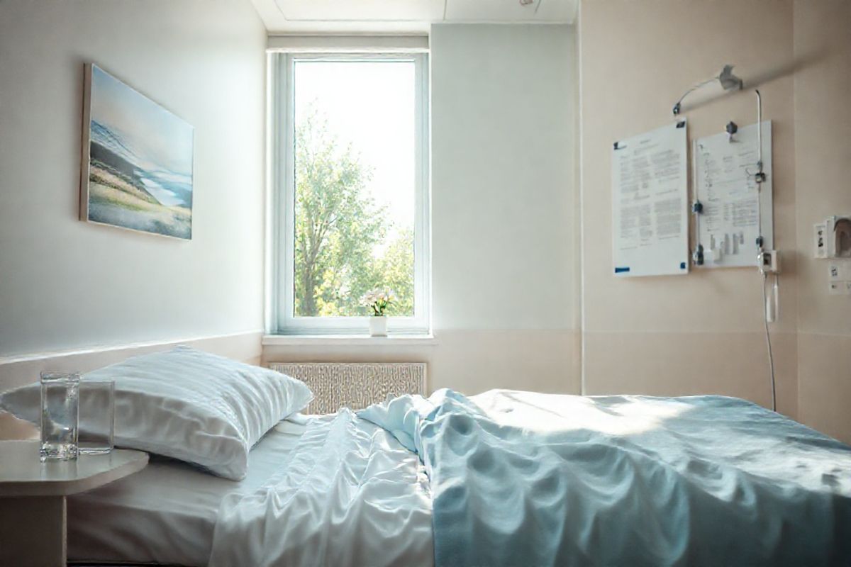 A striking photorealistic image captures a serene hospital room bathed in soft, natural light. In the foreground, a neatly made hospital bed is adorned with crisp white linens and a gentle blue blanket, symbolizing comfort amidst illness. On the bedside table, a glass of clear water and a small vase of fresh daisies add a touch of warmth and hope. The walls are painted in calming pastel tones, with a subtle artwork depicting a tranquil landscape, enhancing the atmosphere of peace.   In the background, a window reveals a bright, sunny day outside, with lush green trees swaying gently in the breeze, symbolizing life and healing. A medical chart hangs on the wall, reflecting the clinical nature of the space while emphasizing the importance of patient care. The overall composition evokes a sense of tranquility and reassurance, perfectly complementing the themes of health, recovery, and the serious nature of meningitis, while also highlighting the delicate balance between medical intervention and the nurturing environment needed for healing.