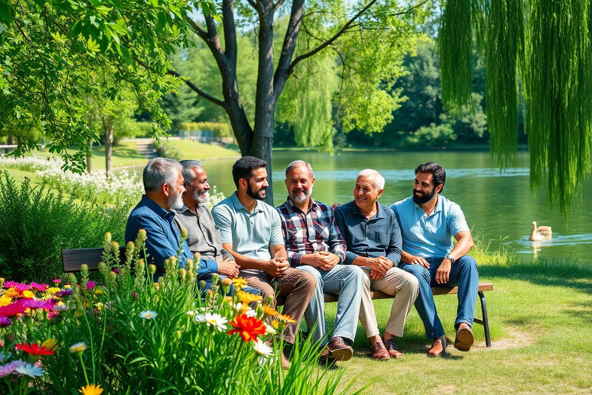 A photorealistic image depicting a serene outdoor scene that embodies tranquility and mental well-being. In the foreground, a diverse group of men of varying ages and ethnicities is engaged in a supportive discussion while sitting in a lush green park. They are seated on a wooden bench surrounded by vibrant flowers and tall trees, with sunlight filtering through the leaves, casting soft shadows on the ground. Each man displays a range of emotions, from thoughtful contemplation to warm smiles, illustrating a sense of camaraderie and openness. In the background, a calm lake reflects the blue sky, with a few gentle ripples hinting at a light breeze. A couple of ducks glide across the water, adding to the peaceful ambiance. The overall color palette is soothing, featuring greens, blues, and soft earth tones, creating an inviting atmosphere that encourages connection and conversation about mental health. This image captures the essence of breaking the stigma surrounding men’s mental health and promotes the idea of seeking support in a natural, uplifting setting.