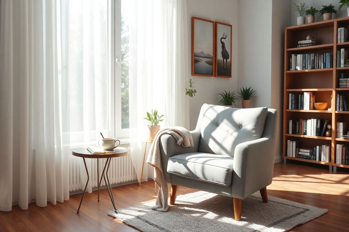 A photorealistic image depicting a serene, sunlit room designed to evoke feelings of calm and support for mental health in men. The scene features a plush, inviting armchair in soft gray fabric, positioned near a large window that allows natural light to flood the space. Sunbeams filter through sheer, white curtains, casting gentle patterns on a wooden floor. On a small side table beside the chair, a steaming cup of herbal tea rests next to an open notebook and a pen, symbolizing reflection and self-expression. In the background, a wall adorned with calming nature-themed artwork and a few potted plants adds a touch of greenery, promoting a sense of tranquility. A cozy throw blanket drapes casually over the armchair, inviting relaxation. Subtle details, like a soft rug beneath the chair and a bookshelf filled with self-help books, enhance the inviting atmosphere. The overall ambiance of the room conveys a safe and supportive environment, encouraging open discussions about mental health and emotional well-being, making it a perfect visual representation of the importance of addressing mental health in men.