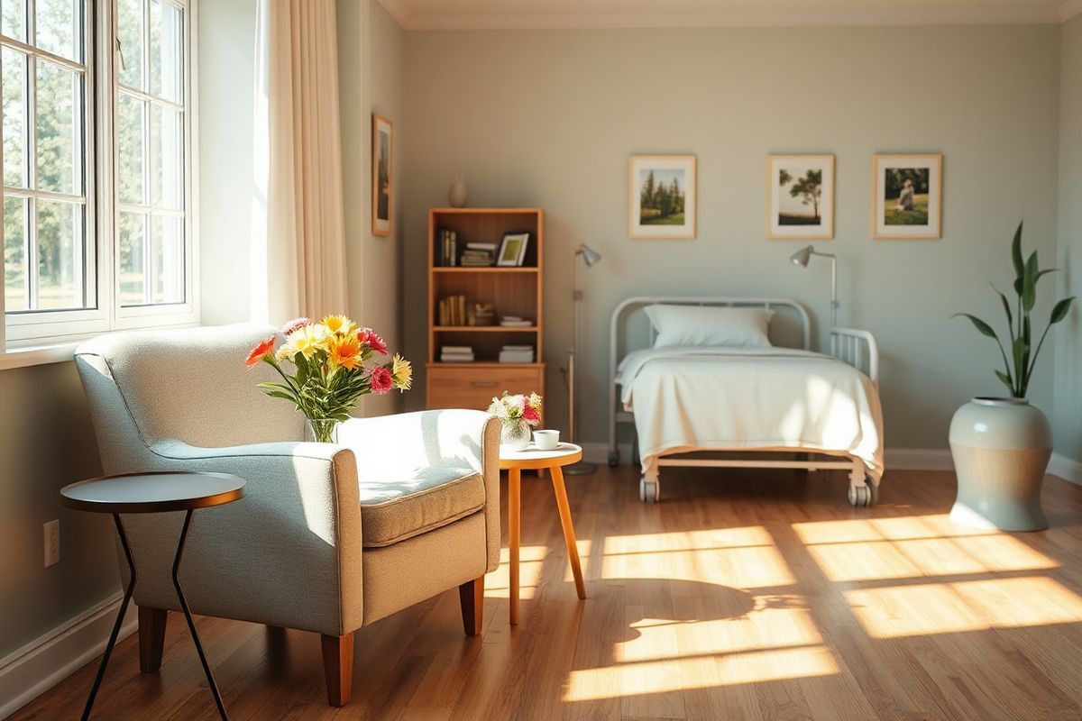 A serene and comforting scene depicting a softly lit room designed for palliative care. The room features a cozy, plush armchair positioned beside a large window, which allows natural light to gently filter in, casting warm shadows on the wooden floor. On a small table beside the chair, a vase holds a bouquet of fresh, vibrant flowers, symbolizing hope and life. A neatly made hospital bed is visible in the background, adorned with soft, pastel-colored linens, creating an inviting atmosphere. The walls are painted in soothing colors, with framed nature photographs that evoke tranquility. A small bookshelf filled with comforting literature and wellness resources stands in one corner, while a calming water fountain provides a subtle sound of trickling water, enhancing the peaceful ambiance. The overall composition conveys a sense of safety, compassion, and support, embodying the essence of palliative care focused on improving quality of life amidst health challenges.