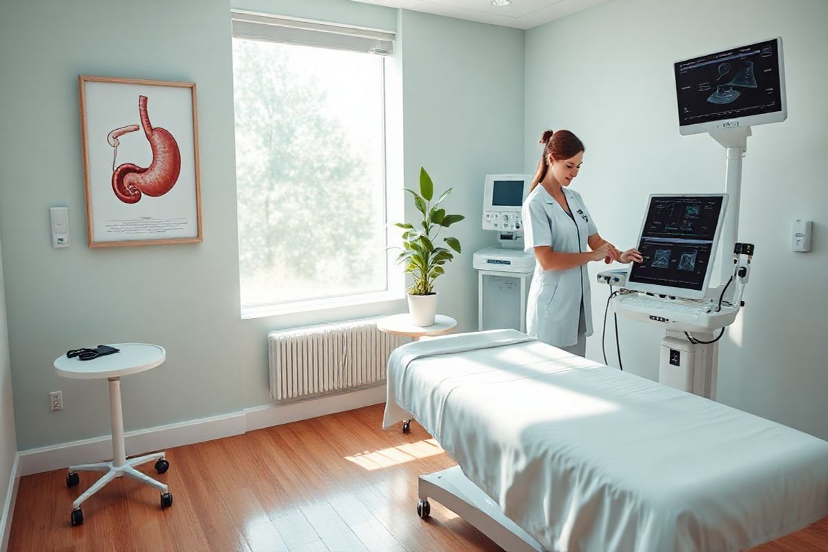 A photorealistic image of a serene and calming medical examination room, softly illuminated by natural light streaming through a large window. The room features a comfortable examination table with crisp white linens, flanked by modern medical equipment including a stethoscope, sphygmomanometer, and an ultrasound machine. On the wall, there are framed anatomical charts depicting the stomach and digestive system, providing an educational touch. A potted plant with lush green leaves sits on a small side table, adding a hint of nature to the clinical environment. The flooring is a warm wood tone, enhancing the inviting atmosphere. In the background, a nurse gently adjusts the medical equipment, exuding a sense of professionalism and care. The overall color palette is soft and soothing, with pastel blues and greens, creating a tranquil space that conveys hope and support for patients facing health challenges, such as metastatic stomach cancer. This image encapsulates the essence of compassionate medical care, emphasizing the importance of a supportive environment in the journey of diagnosis and treatment.