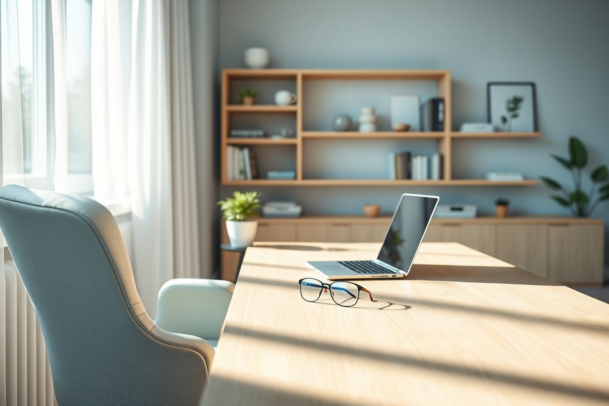 A photorealistic image featuring a serene home office setting bathed in soft, ambient light. The scene includes a sleek desk made of light wood, adorned with a stylish laptop and a pair of elegant blue light blocking glasses resting beside it. A cozy ergonomic chair, upholstered in a calming pastel color, invites comfort, while a large window allows gentle sunlight to filter through sheer curtains. On the desk, a small potted plant adds a touch of greenery, enhancing the tranquil atmosphere. In the background, a wall-mounted bookshelf filled with neatly arranged books and decorative items creates an inviting and organized space. The overall color palette is soothing, with soft blues, greens, and warm wood tones, creating a harmonious environment that evokes a sense of productivity and relaxation. The image captures the essence of a modern workspace that promotes focus, reduced eye strain, and an overall sense of well-being, making it an ideal visual representation of the benefits of blue light blocking lenses in a home setting.