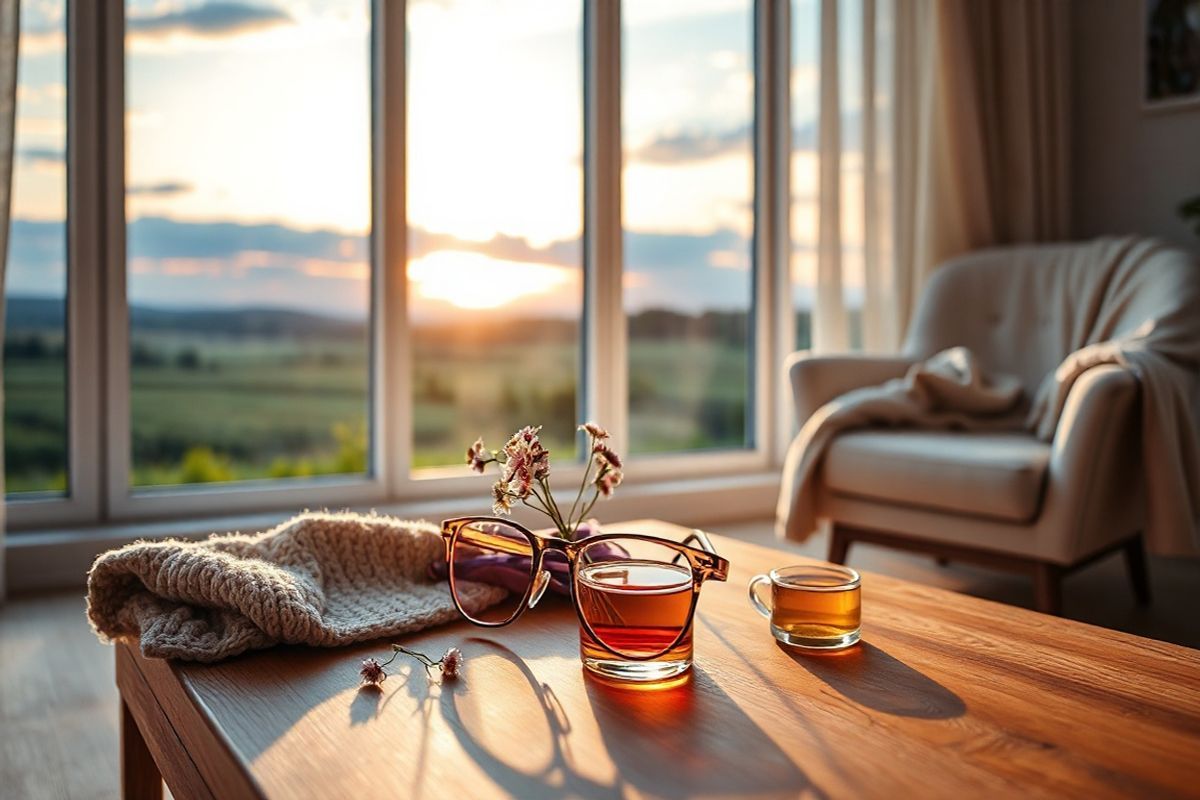 A serene, softly lit room with a large window showcasing a picturesque view of a tranquil landscape at sunset, where warm hues of orange and pink blend into a calming blue sky. In the foreground, a stylish pair of migraine glasses with rose-tinted lenses rests delicately on a wooden table, surrounded by a few scattered wildflowers in a small, clear vase. The table is adorned with a cozy knitted blanket and a steaming cup of herbal tea, inviting a sense of relaxation. Sunlight filters through the window, casting gentle patterns on the floor, while the soft glow creates a warm ambiance, emphasizing the glasses’ protective features against bright light. The background features a comfortable armchair, draped with another soft blanket, suggesting a perfect reading nook for someone seeking relief from light sensitivity. The overall atmosphere exudes tranquility and comfort, reflecting a space designed for alleviating migraine discomfort and promoting a sense of calm.