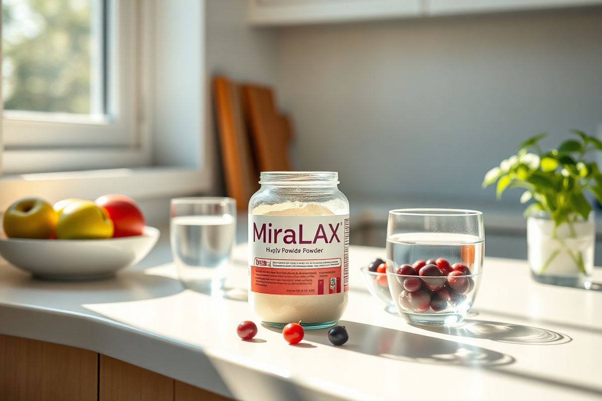 A photorealistic image of a serene kitchen countertop setup, bathed in soft, natural light streaming through a window. The countertop features a clean, white surface adorned with a stylish glass jar filled with MiraLAX powder, its label facing away to avoid any text visibility. Surrounding the jar are small bowls of fresh fruits, including apples and berries, symbolizing healthy dietary choices. Next to the jar, a glass of clear water sits, reflecting the sunlight, emphasizing the importance of hydration. In the background, there are subtle hints of green plants, such as a potted herb like basil or mint, adding a touch of freshness and vitality to the scene. The overall atmosphere conveys a sense of wellness, balance, and a focus on digestive health, making it a perfect complement to the discussion of MiraLAX and its interactions with food and supplements. The gentle colors and arrangement evoke tranquility and encourage viewers to consider their health and dietary habits.