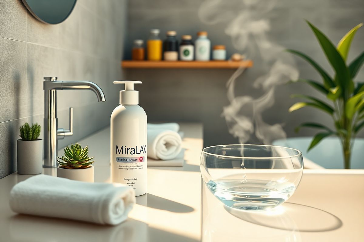 A photorealistic image depicting a serene bathroom setting that exudes a sense of calm and wellness. The focal point is a sleek, modern countertop adorned with a pristine white bottle of MiraLAX, glistening under soft, warm lighting. Surrounding the bottle are various natural elements such as a small succulent in a minimalist pot, a rolled-up soft white towel, and a gentle stream of water flowing from a stylish faucet into a clear glass bowl filled with water. The background features a tastefully designed shelf with neatly arranged jars of herbs and essential oils, emphasizing a holistic approach to health. Delicate steam rises from a nearby bath, hinting at relaxation, while a hint of greenery from a potted plant peeks into the frame, enhancing the atmosphere of tranquility. The overall color palette is soothing with soft whites, earthy greens, and subtle wood tones, creating a peaceful sanctuary that invites viewers to consider self-care and digestive wellness.