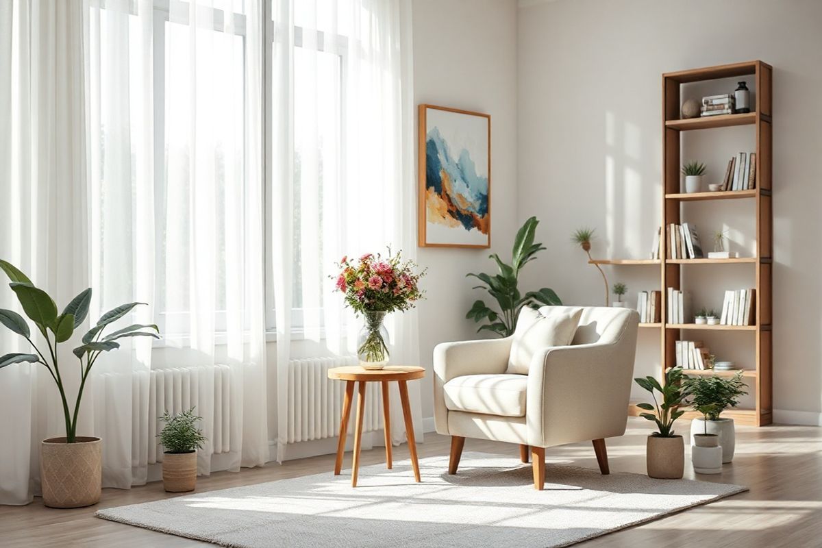 A serene and inviting living room scene bathed in soft, natural light filters through large windows adorned with sheer white curtains. The focal point is a cozy, plush armchair in a calming pastel shade, paired with a stylish, wooden side table holding a delicate vase filled with fresh, vibrant flowers. A tasteful abstract painting in soothing colors hangs on the wall, echoing the floral hues. The floor is covered with a light, textured rug that adds warmth and comfort, while a few potted plants in varying sizes bring a touch of nature indoors. In the background, a sleek bookshelf showcases a curated selection of books and decorative items, creating an atmosphere of tranquility and sophistication. The overall ambiance is peaceful and harmonious, inviting relaxation and reflection, making it a perfect visual representation of the calm and balanced lifestyle that individuals with mitral valve prolapse aspire to maintain.