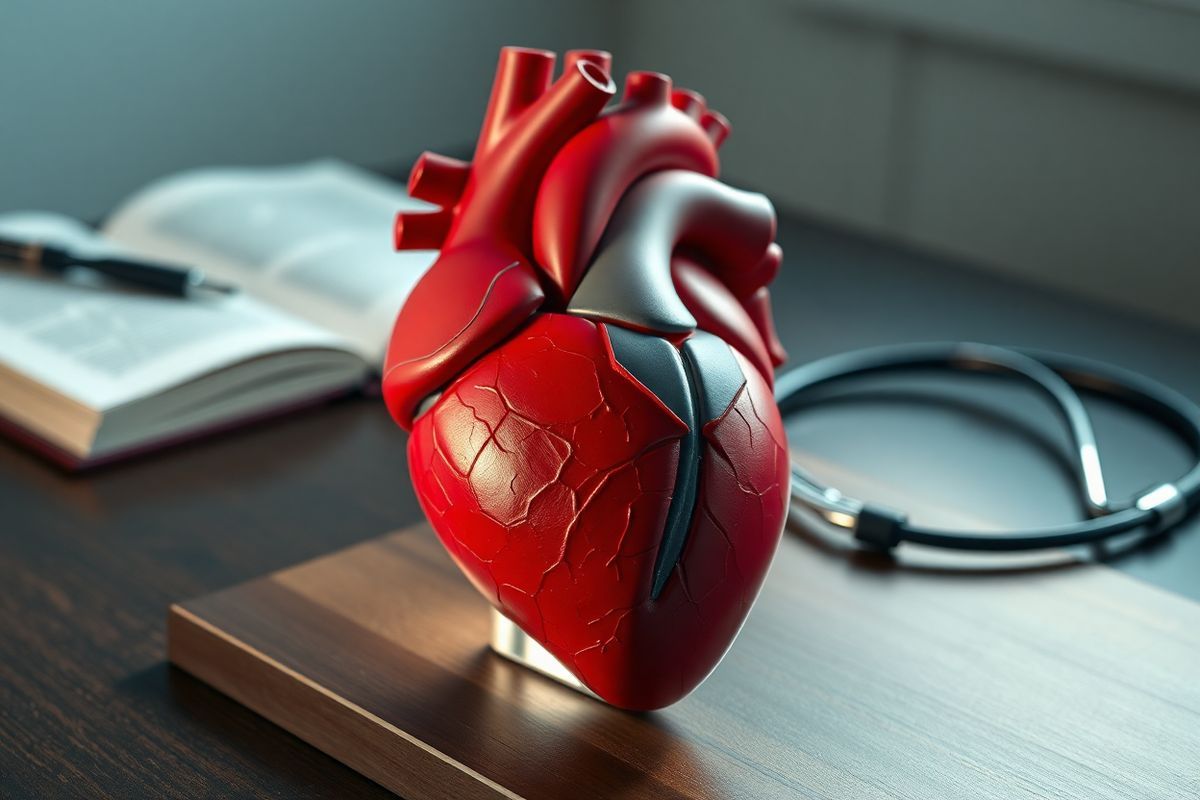 A photorealistic image of a human heart model, prominently displaying the mitral valve in detail. The heart is elegantly positioned on a sleek, dark wooden table with soft, diffused lighting that casts gentle shadows, enhancing the intricate textures of the heart’s surface. The mitral valve is highlighted, showcasing its floppy leaflets and the surrounding structures, including the left atrium and left ventricle. Subtle anatomical labels, such as arrows indicating the flow of blood, are artistically integrated into the image but remain unobtrusive. In the background, a blurred medical textbook and a stethoscope evoke a clinical setting, hinting at the importance of understanding heart health. The color palette consists of rich reds and deep blues, reflecting the natural colors of the heart while maintaining a warm, inviting atmosphere. This visually captivating image encapsulates the essence of mitral valve prolapse, drawing attention to its significance and the complexity of the heart’s anatomy without the need for text.