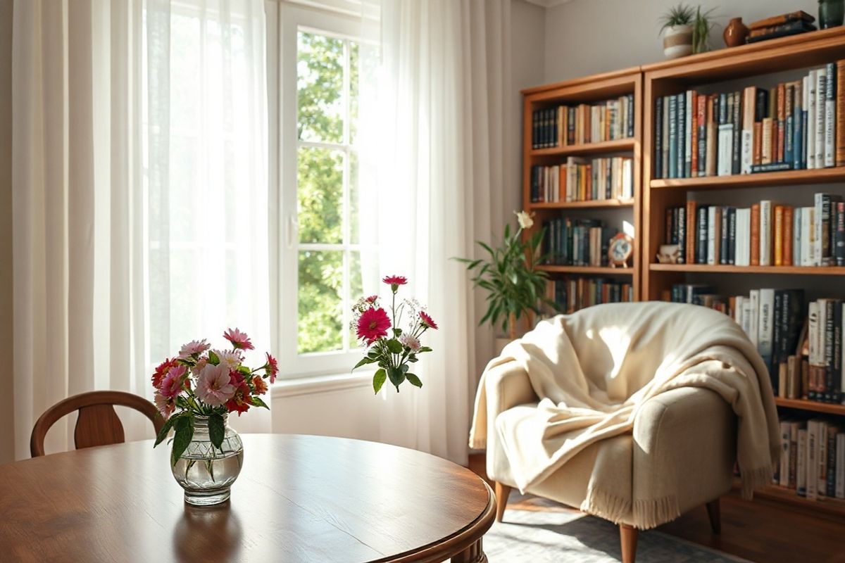 A photorealistic image capturing a serene, sunlit room filled with soft, natural light filtering through sheer curtains. In the foreground, an elegant wooden table is adorned with a delicate vase of vibrant flowers, symbolizing life and hope. Nearby, a comfortable armchair sits invitingly, draped in cozy blankets, suggesting a warm atmosphere for reading or reflection. The background features a bookshelf lined with books about cognitive health, memory, and wellness, subtly emphasizing the importance of knowledge and support for those affected by mixed dementia. A window reveals a lush green garden outside, with sunlight dappling the leaves, representing clarity and tranquility. The overall color palette includes soft pastels and warm earth tones, evoking feelings of calmness and comfort. This image evokes a sense of peace and encourages a supportive environment for individuals and families navigating the challenges of mixed dementia.