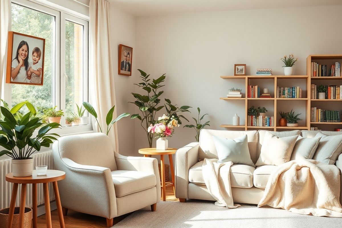 A serene and comforting living room setting that embodies warmth and support for individuals with mixed dementia. The room features soft, inviting colors such as light beige and pastel blues, creating a calming atmosphere. A plush, cozy armchair sits next to a small wooden side table, adorned with a delicate vase of fresh flowers, symbolizing care and nurturing. On the wall, framed family photographs depict joyful moments, evoking a sense of connection and memory. A large window allows natural light to flood the space, illuminating a well-kept indoor garden with potted plants that thrive, representing growth and vitality. In the corner, a bookshelf filled with engaging books and puzzles suggests opportunities for cognitive rehabilitation and leisure activities. Soft throw blankets and cushions are scattered across the sofa, emphasizing comfort and support. The overall ambiance conveys a sense of safety, emotional warmth, and a supportive environment, making it an ideal space for both patients and caregivers to share moments of connection and respite.