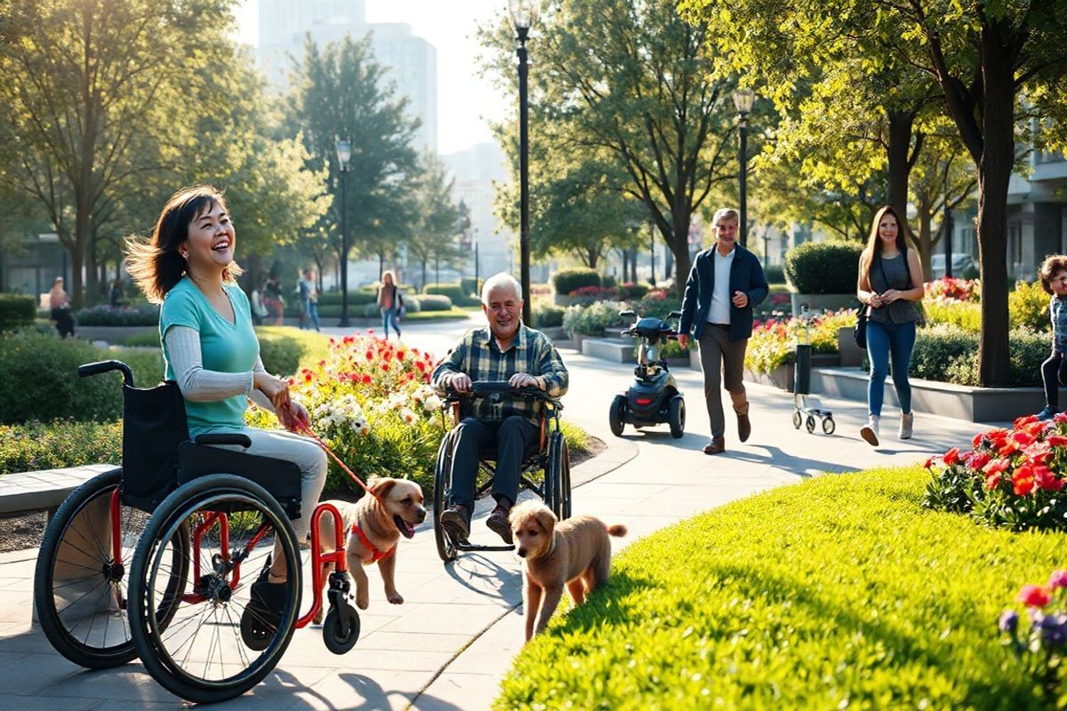 A photorealistic image captures a serene urban park scene, showcasing a diverse group of individuals with mobility disabilities engaging in various activities. In the foreground, a young woman in a bright, cheerful wheelchair is laughing while playing with a small dog on a leash. Nearby, an elderly man with a cane sits on a bench, enjoying the warm sunlight filtering through the trees, with a smile on his face as he watches a group of children playing.   In the background, a couple of friends, one using a mobility scooter and the other walking with a prosthetic limb, leisurely stroll along a paved path lined with colorful flowers and greenery. The park is designed inclusively, featuring wide, accessible pathways, ramps, and adaptive playground equipment. Gentle sunlight bathes the scene, casting soft shadows and highlighting the vibrant colors of the flowers and the cheerful expressions of the people. The overall atmosphere is one of joy, community, and empowerment, emphasizing the importance of accessibility and inclusion for individuals with mobility disabilities.